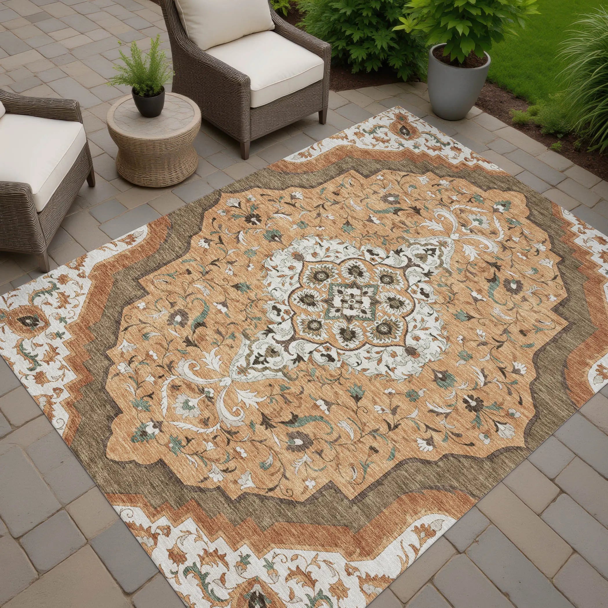 3' X 5' Copper And Blue Medallion Washable Indoor Outdoor Area Rug Homeroots Outdoor