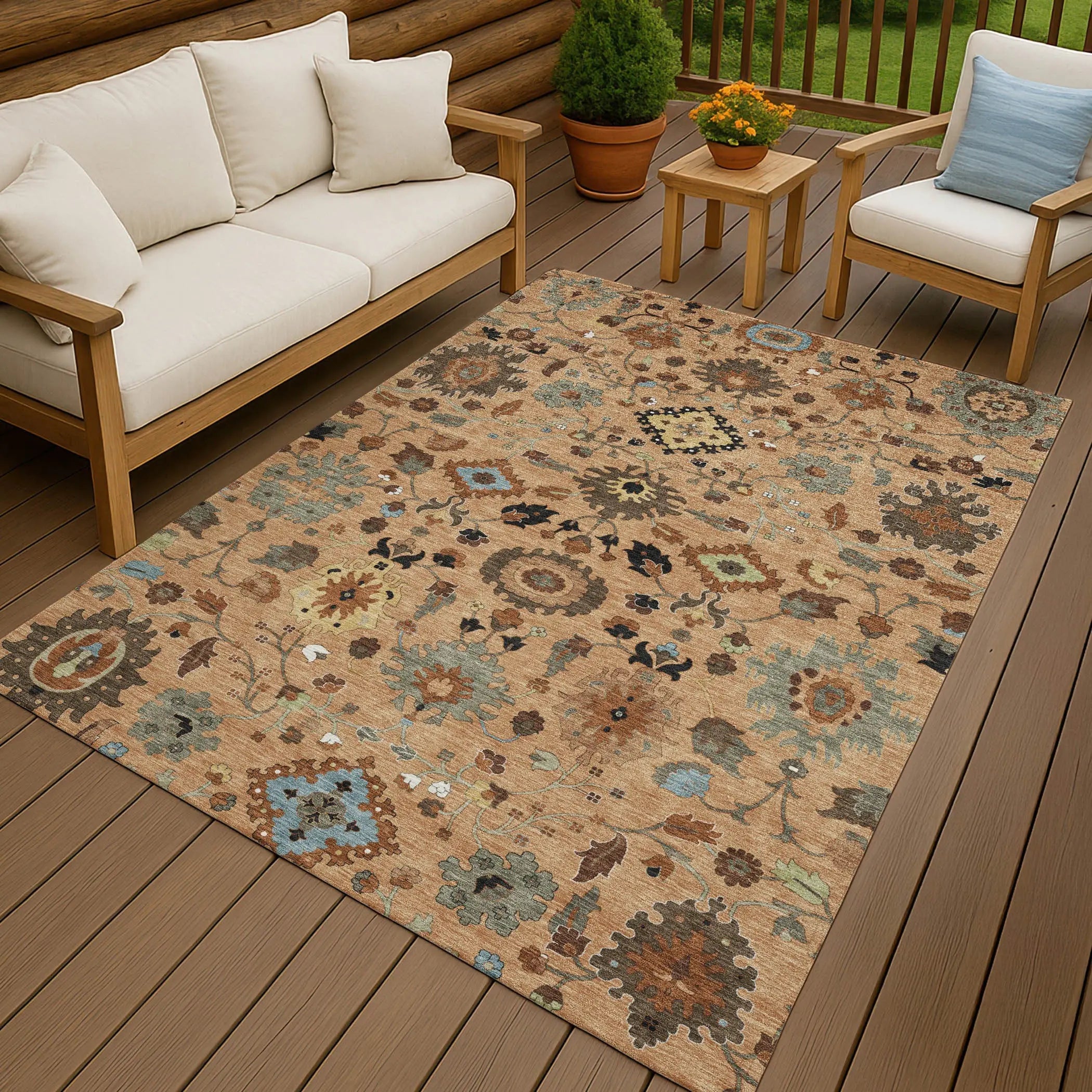 3' X 5' Copper And Brown Floral Medallion Washable Indoor Outdoor Area Rug Homeroots Outdoor