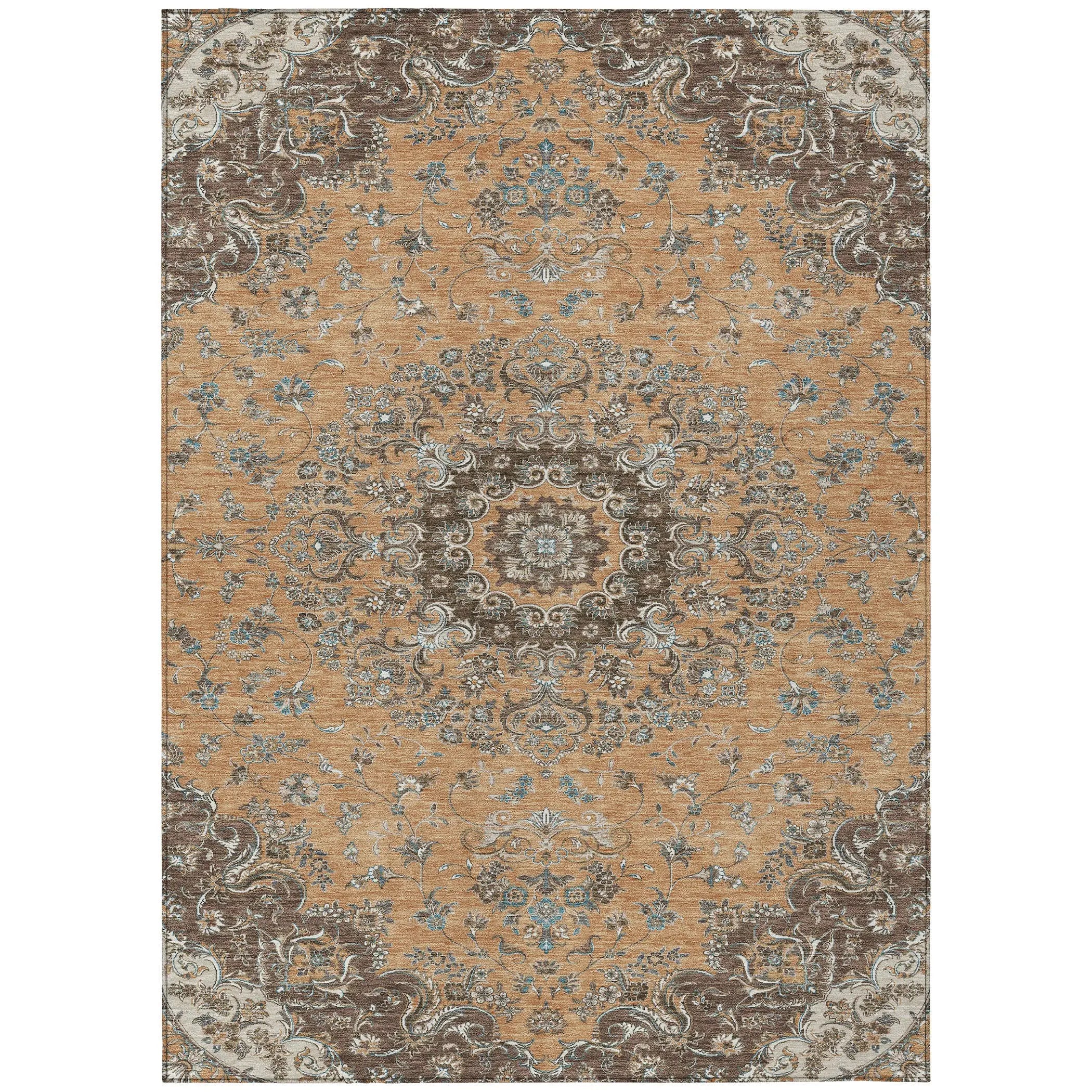 3' X 5' Copper And Chocolate Floral Medallion Washable Indoor Outdoor Area Rug Homeroots Outdoor
