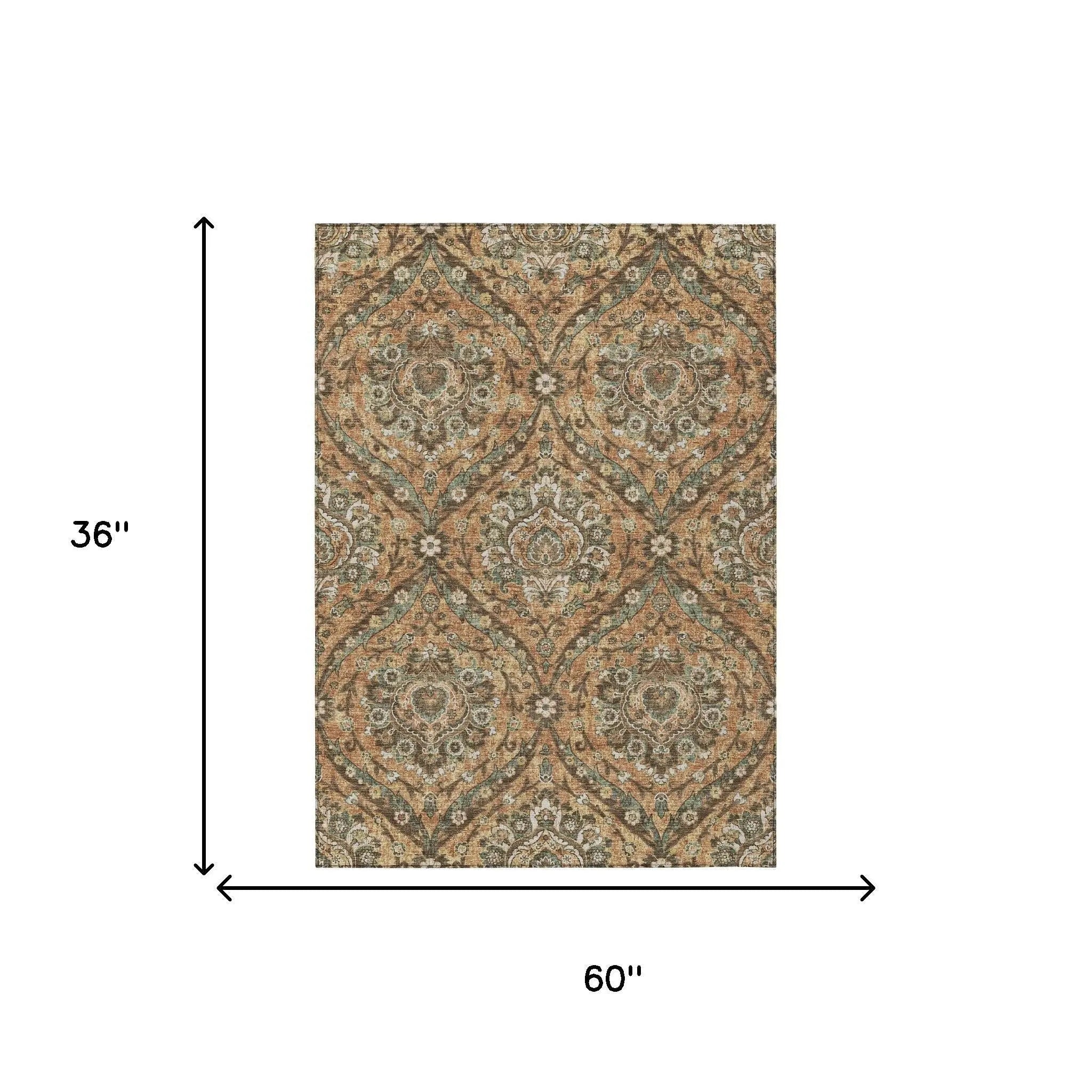 3' X 5' Copper And Gold Floral Washable Indoor Outdoor Area Rug Homeroots Outdoor