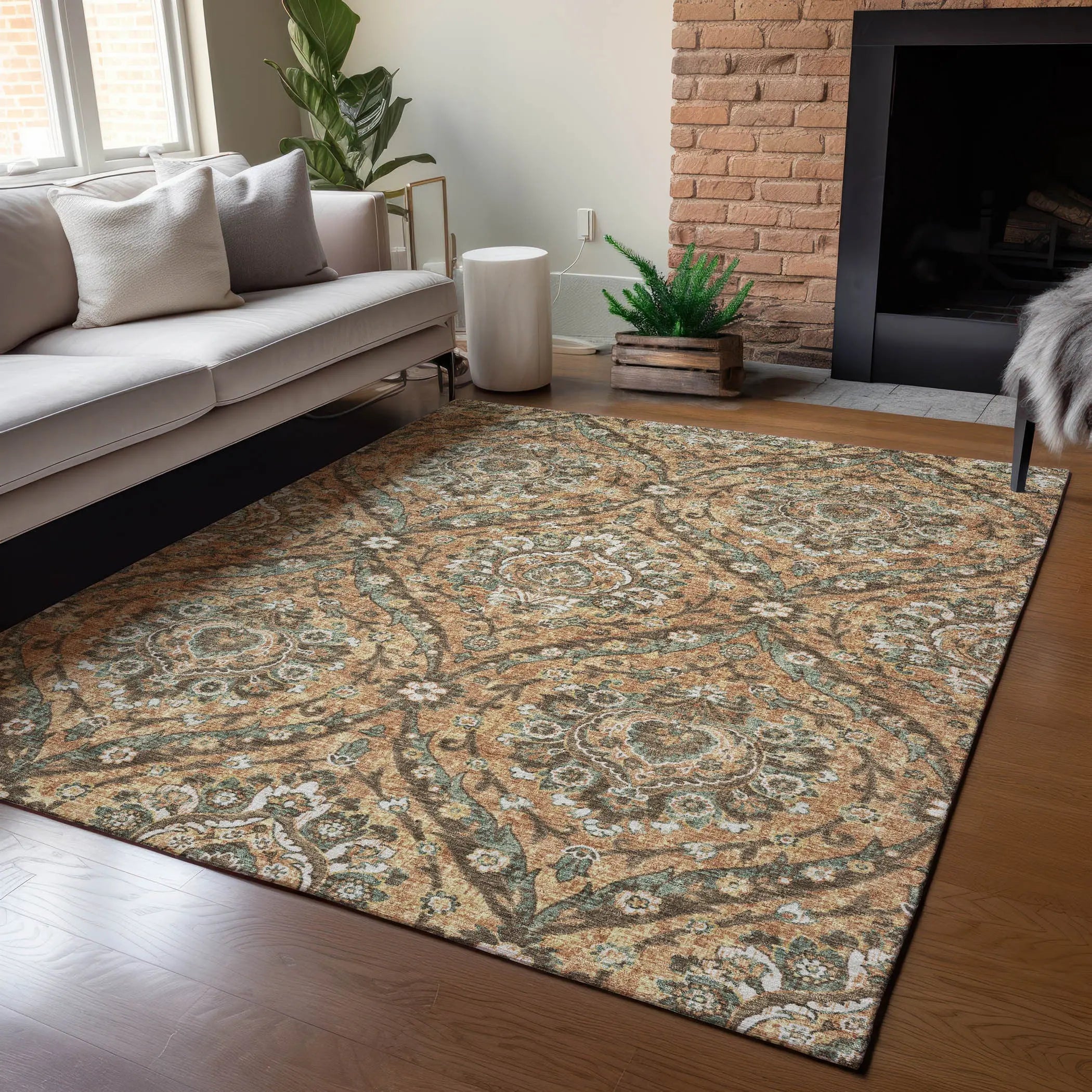 3' X 5' Copper And Gold Floral Washable Indoor Outdoor Area Rug Homeroots Outdoor