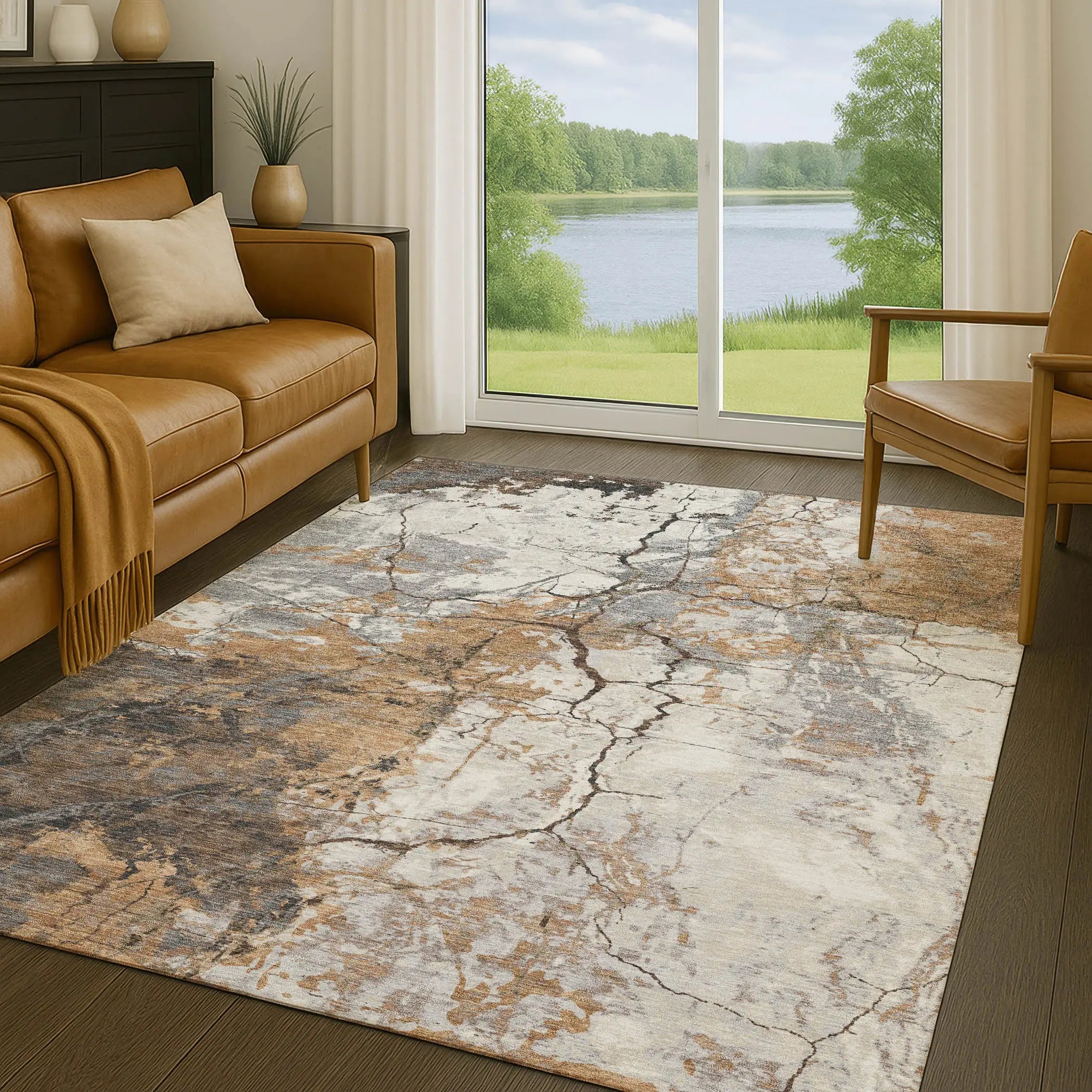 3' X 5' Copper And Ivory Abstract Washable Indoor Outdoor Area Rug Homeroots Outdoor