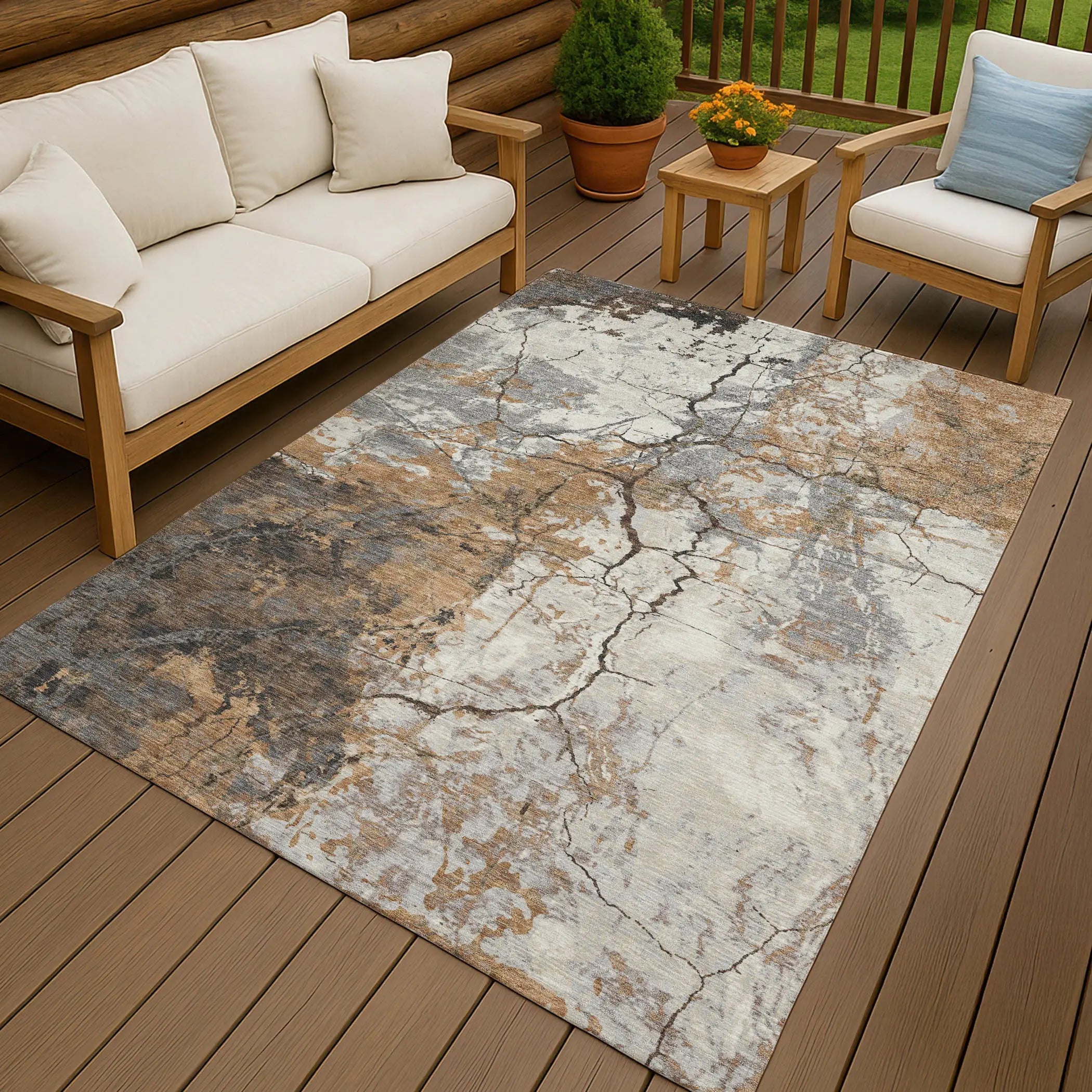 3' X 5' Copper And Ivory Abstract Washable Indoor Outdoor Area Rug Homeroots Outdoor