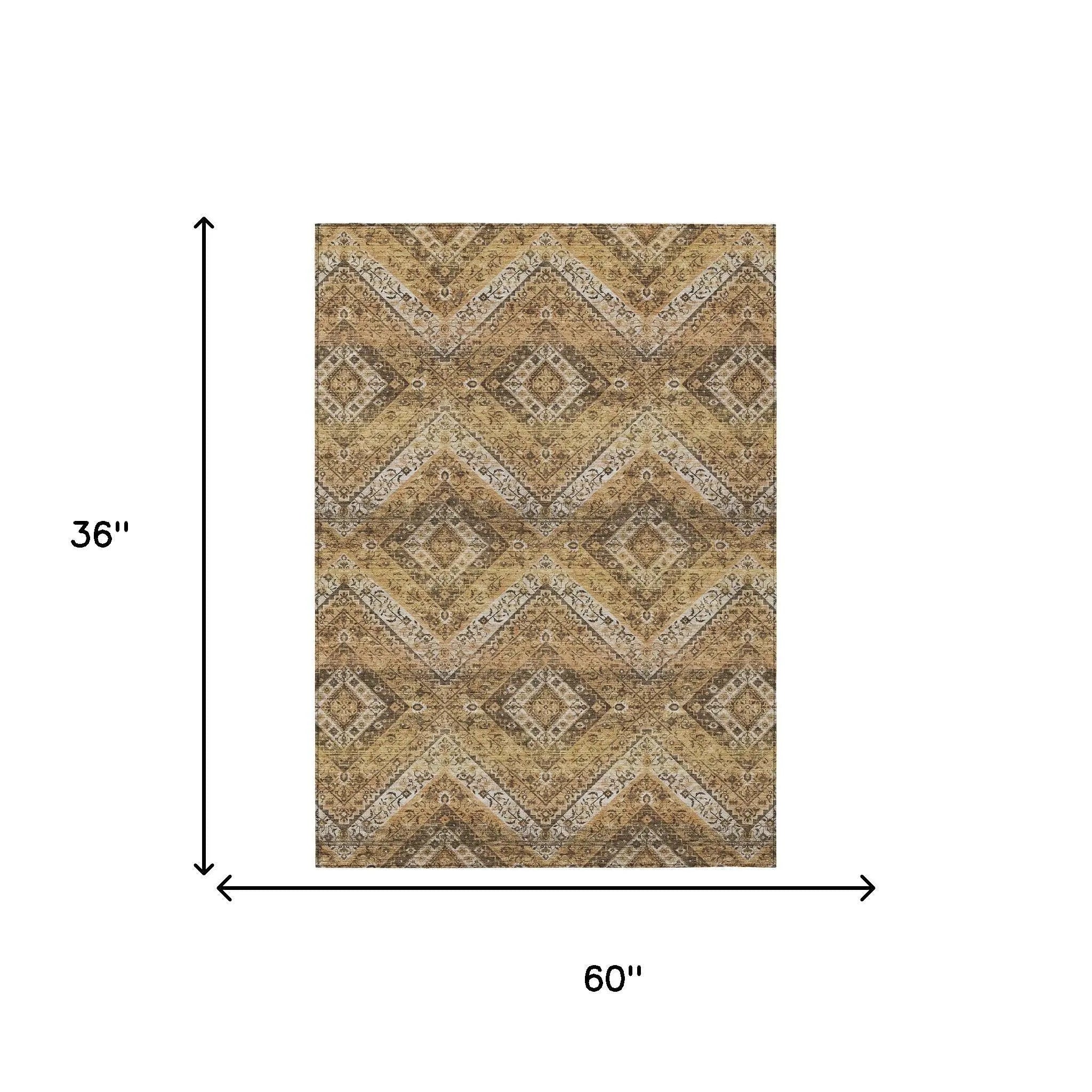 3' X 5' Copper And Khaki Tribal Washable Indoor Outdoor Area Rug Homeroots Outdoor