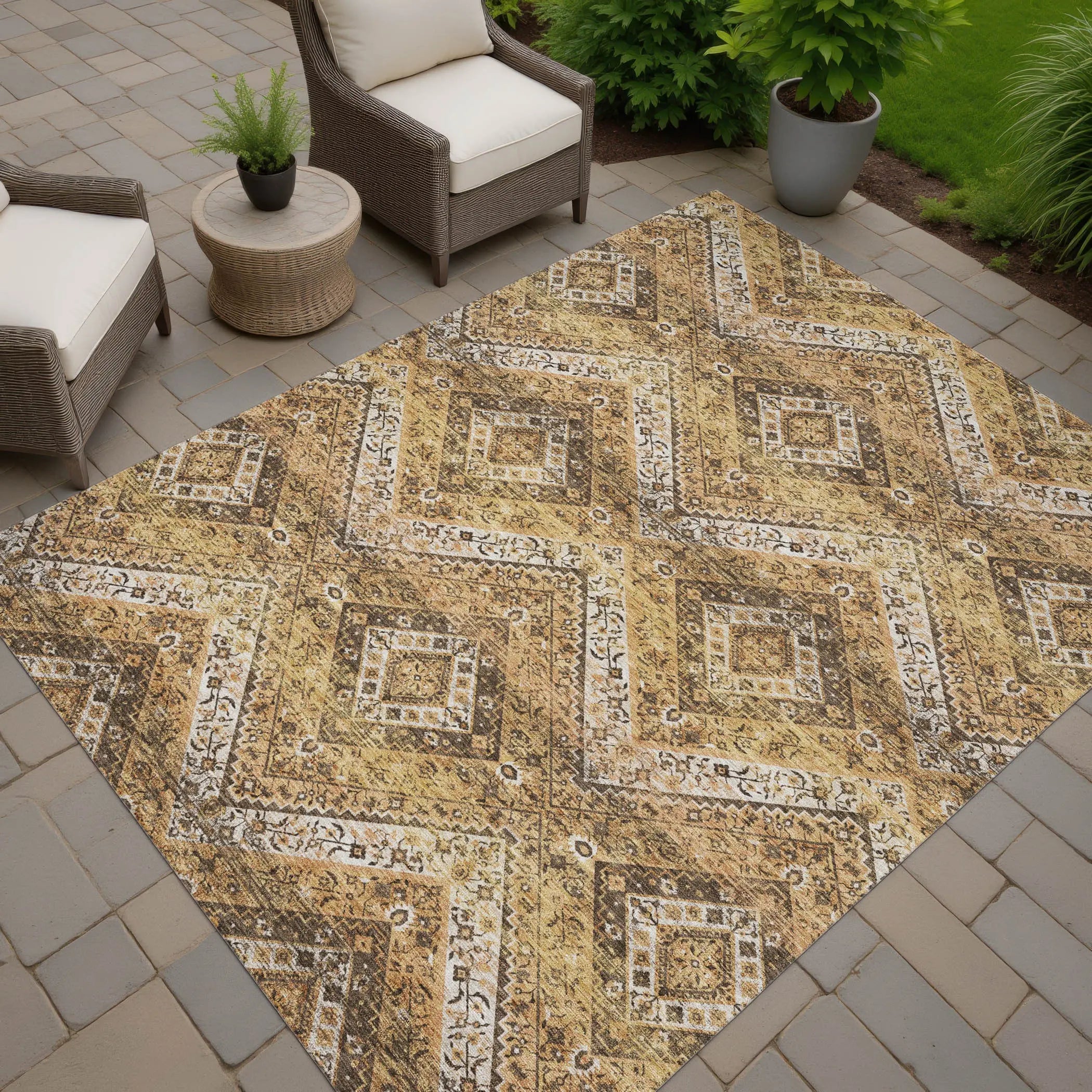 3' X 5' Copper And Khaki Tribal Washable Indoor Outdoor Area Rug Homeroots Outdoor