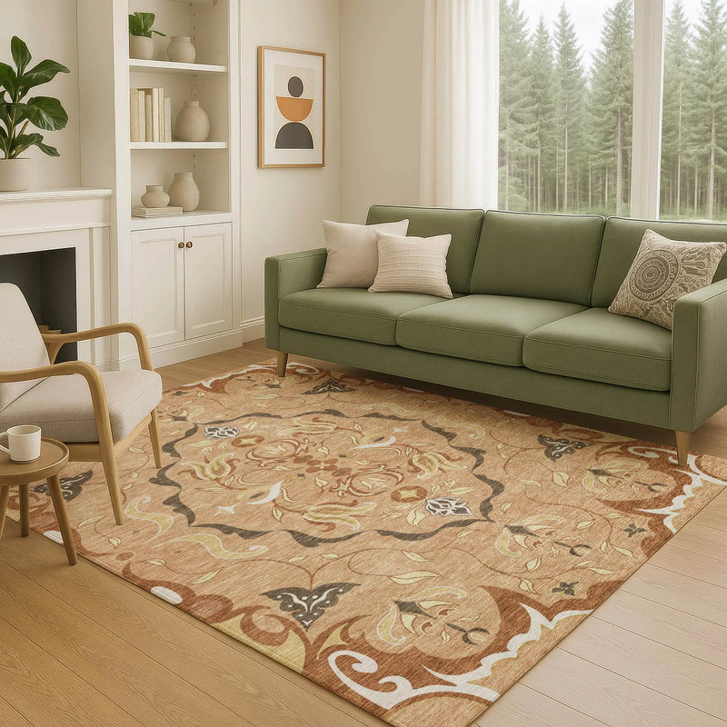 3' X 5' Copper And Orange Damask Washable Indoor Outdoor Area Rug Homeroots Outdoor