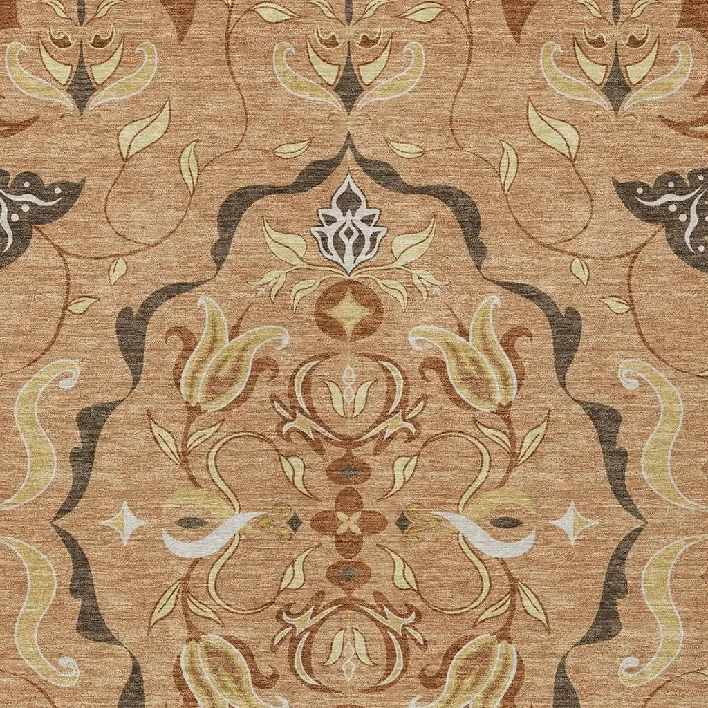3' X 5' Copper And Orange Damask Washable Indoor Outdoor Area Rug Homeroots Outdoor