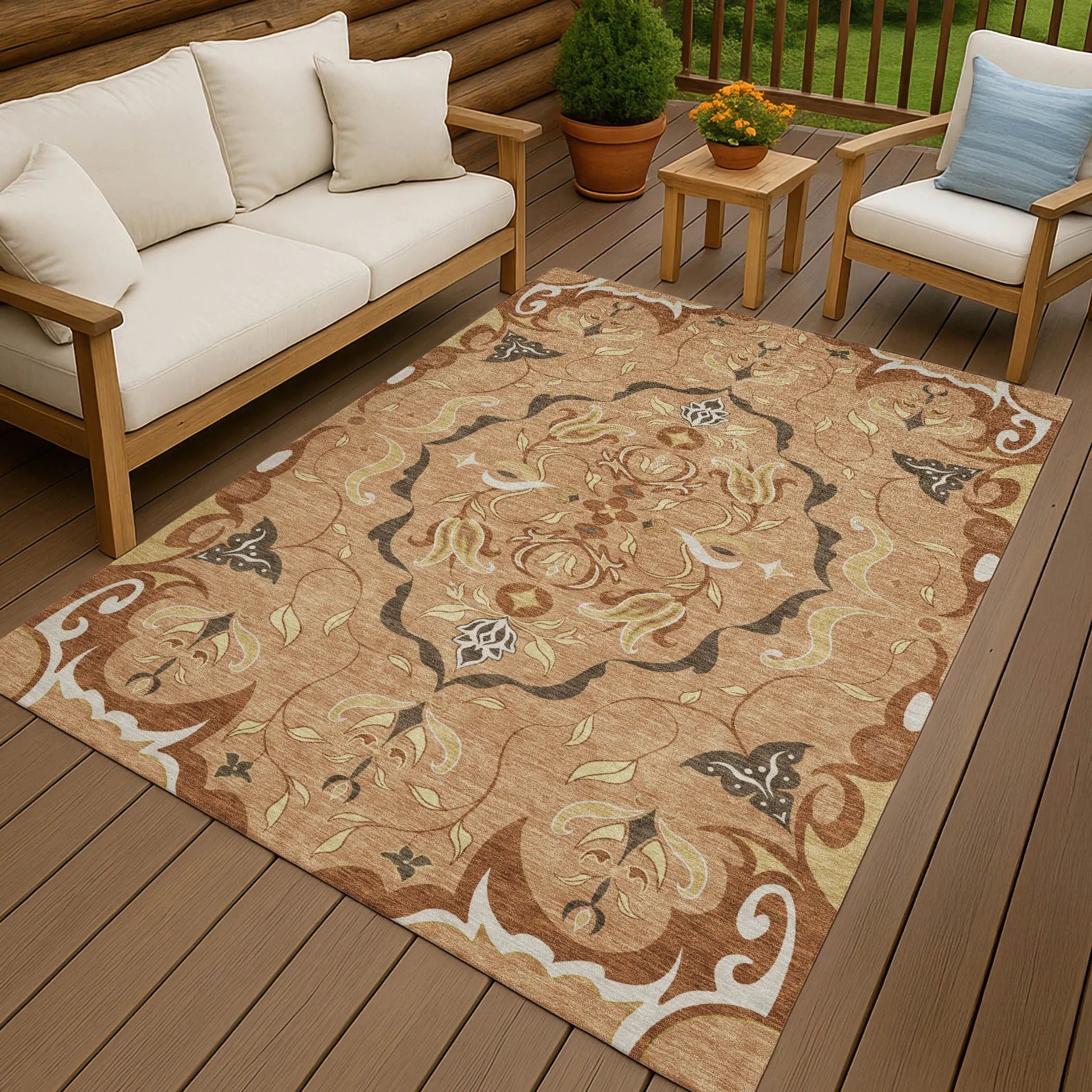 3' X 5' Copper And Orange Damask Washable Indoor Outdoor Area Rug Homeroots Outdoor