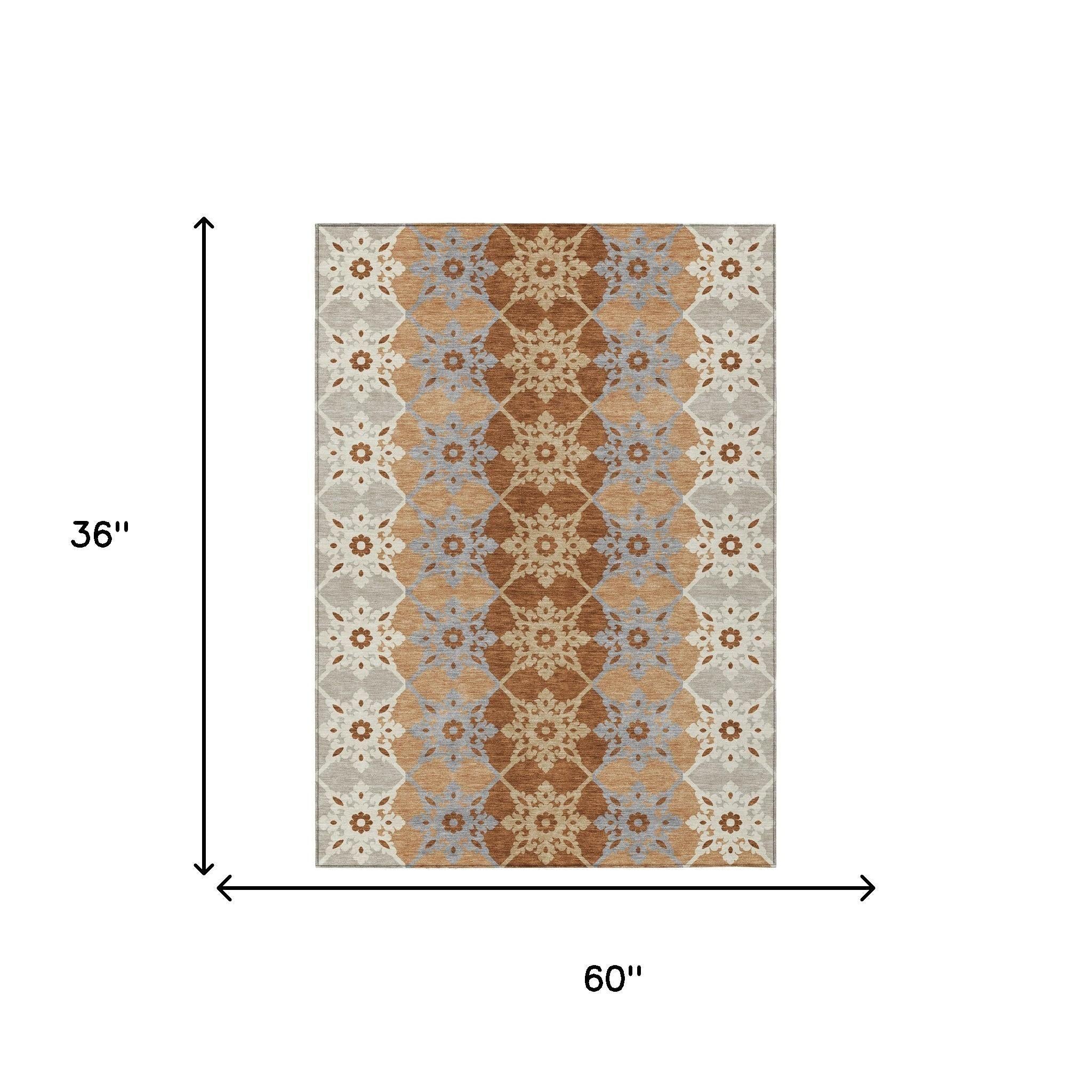 3' X 5' Copper And Orange Floral Medallion Washable Indoor Outdoor Area Rug Homeroots Outdoor