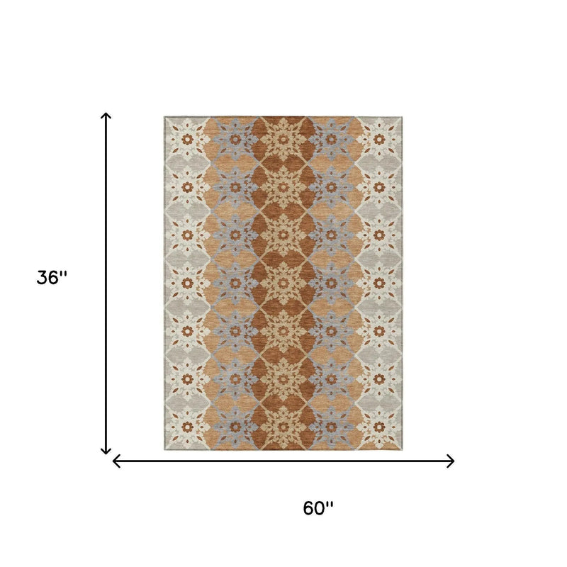 3' X 5' Copper And Orange Floral Medallion Washable Indoor Outdoor Area Rug Homeroots Outdoor