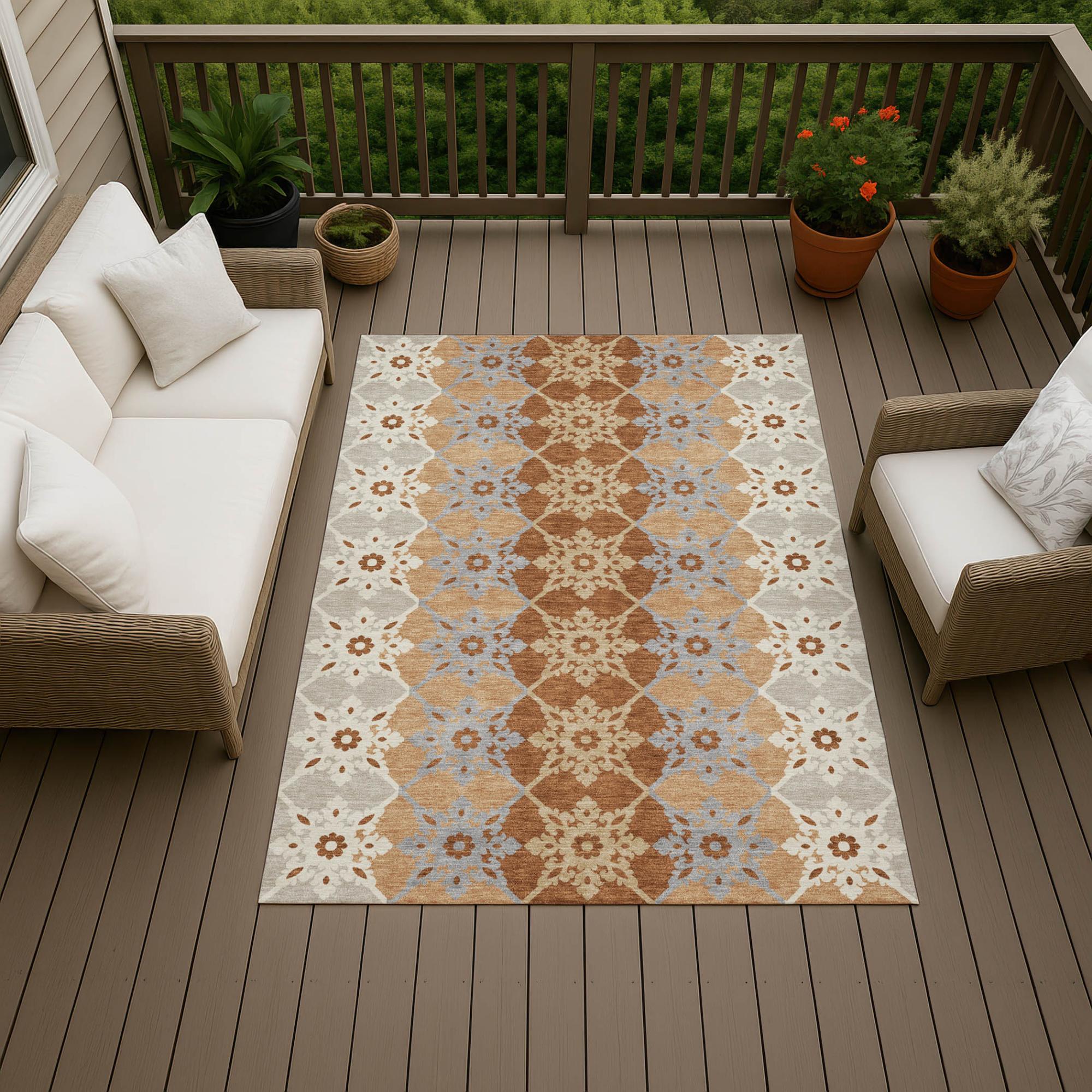 3' X 5' Copper And Orange Floral Medallion Washable Indoor Outdoor Area Rug Homeroots Outdoor