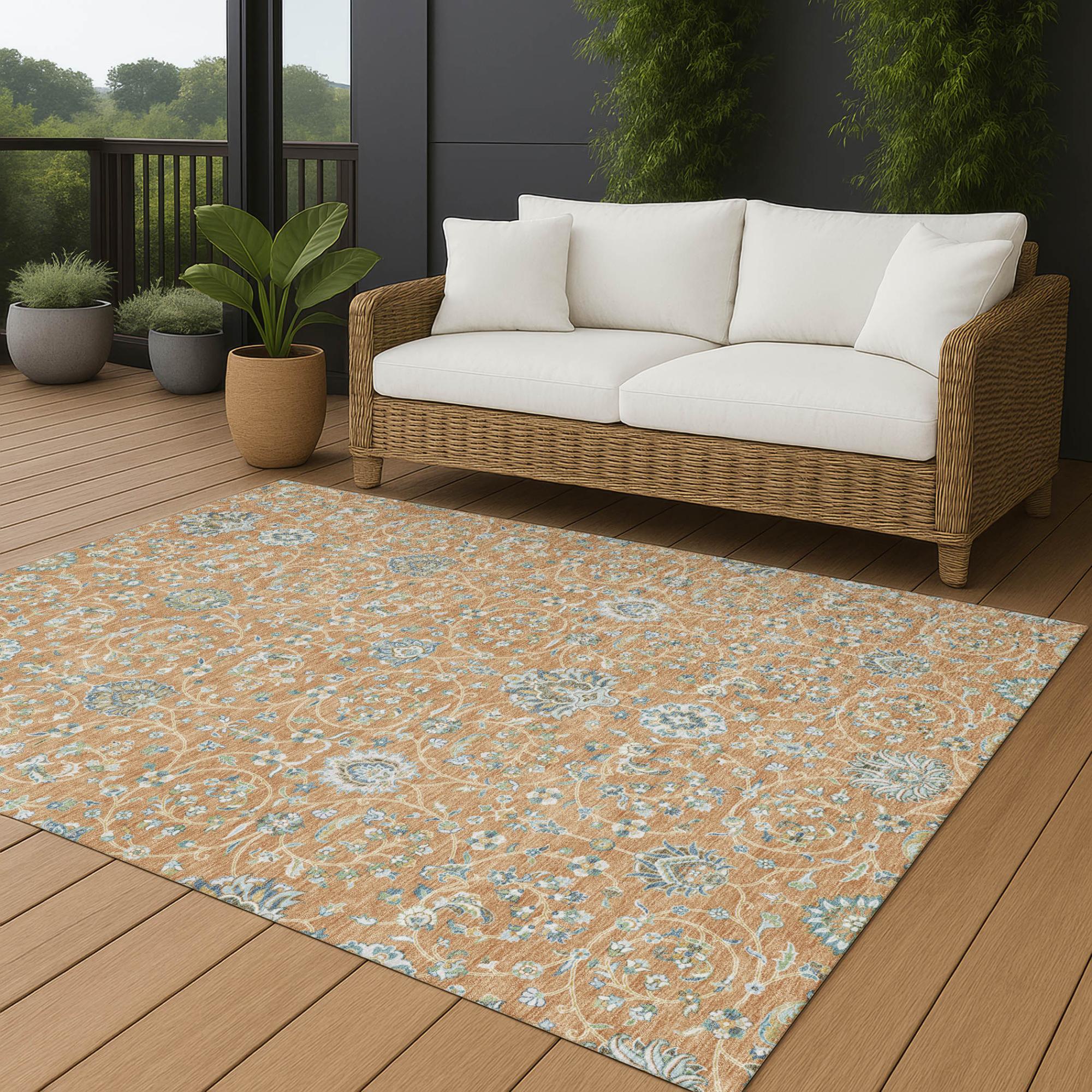3' X 5' Copper And Orange Floral Washable Indoor Outdoor Area Rug Homeroots Outdoor