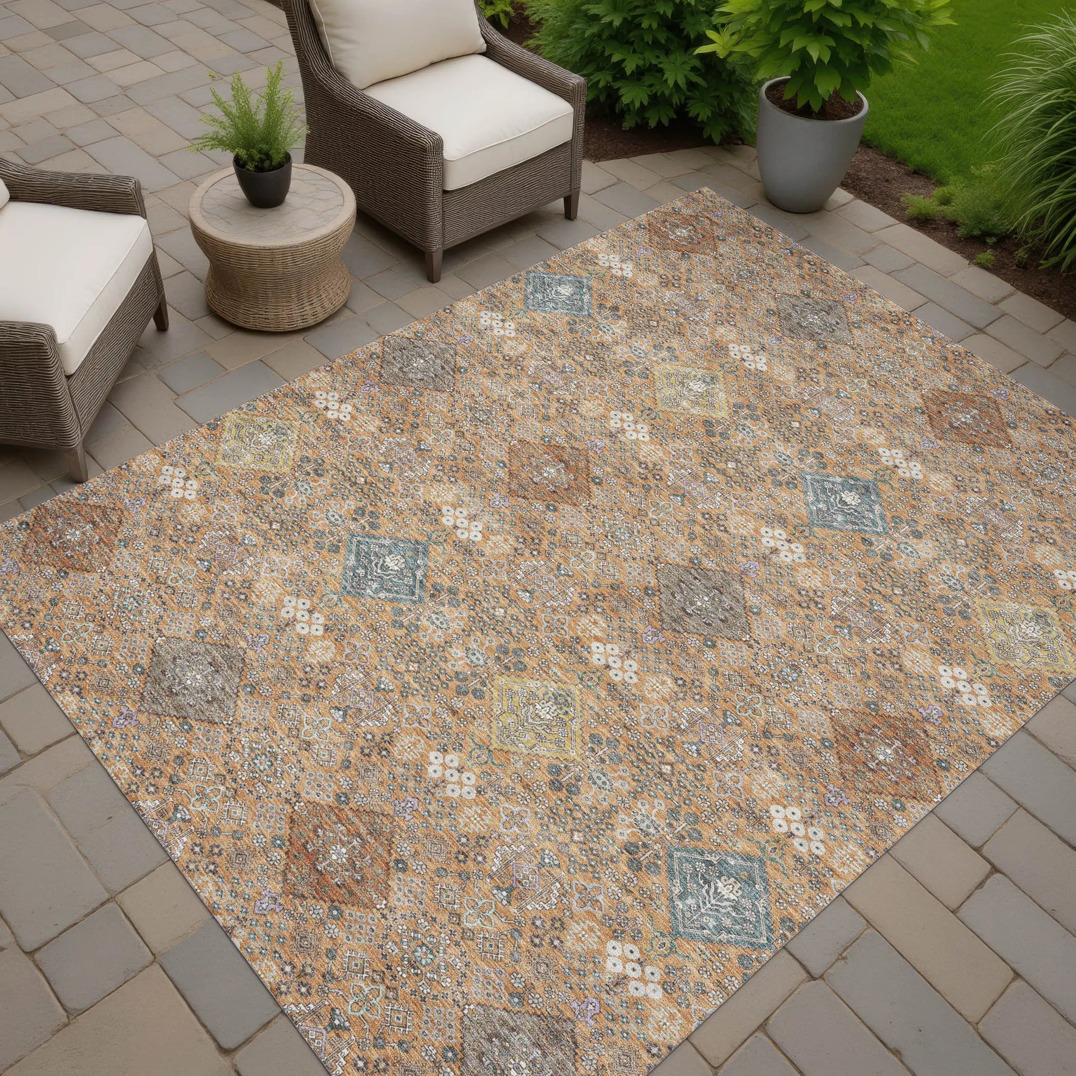 3' X 5' Copper And Orange Oriental Washable Indoor Outdoor Area Rug Homeroots Outdoor