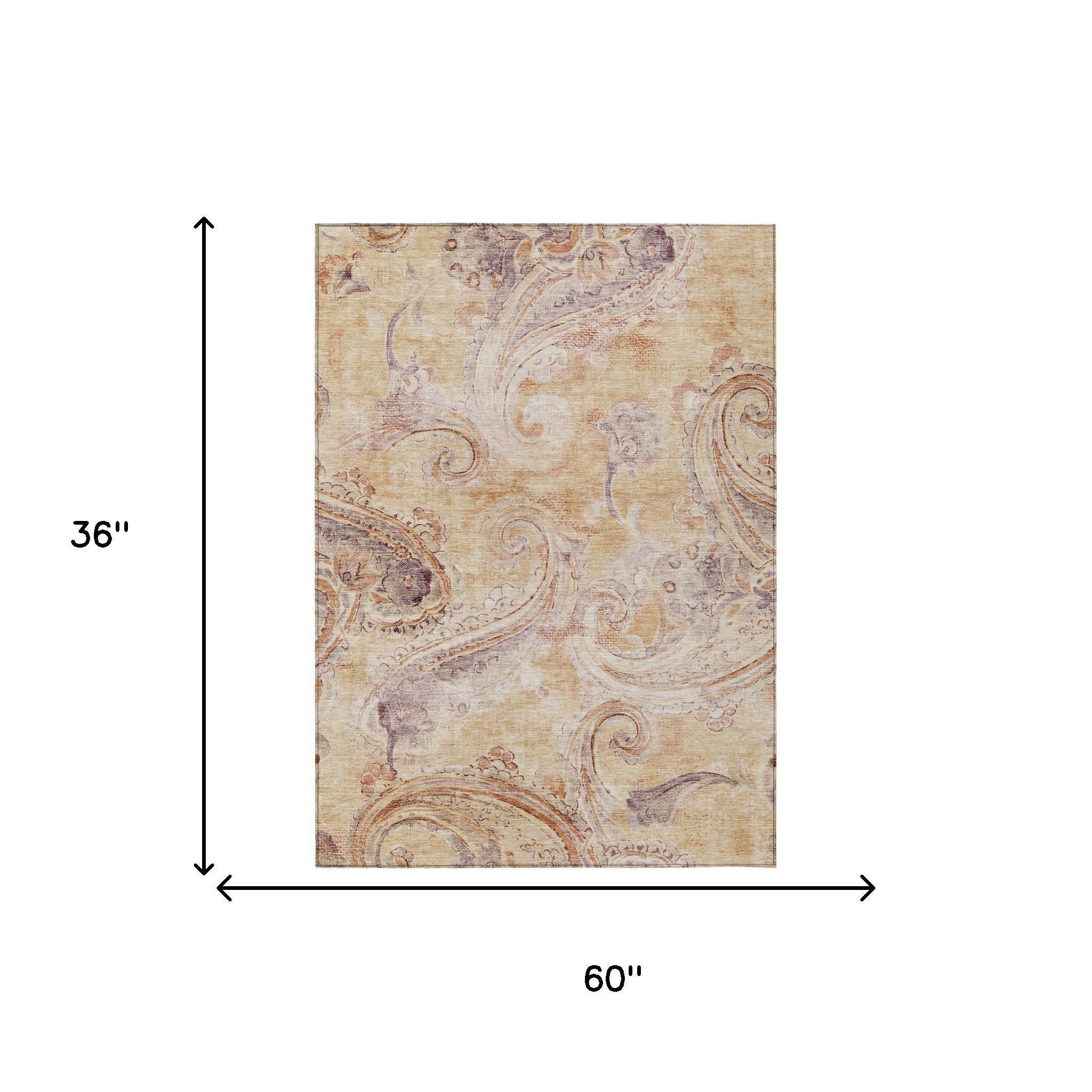 3' X 5' Copper And Orange Paisley Washable Indoor Outdoor Area Rug Homeroots Outdoor