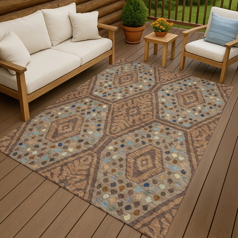 3' X 5' Copper And Orange Tribal Washable Indoor Outdoor Area Rug Homeroots Outdoor