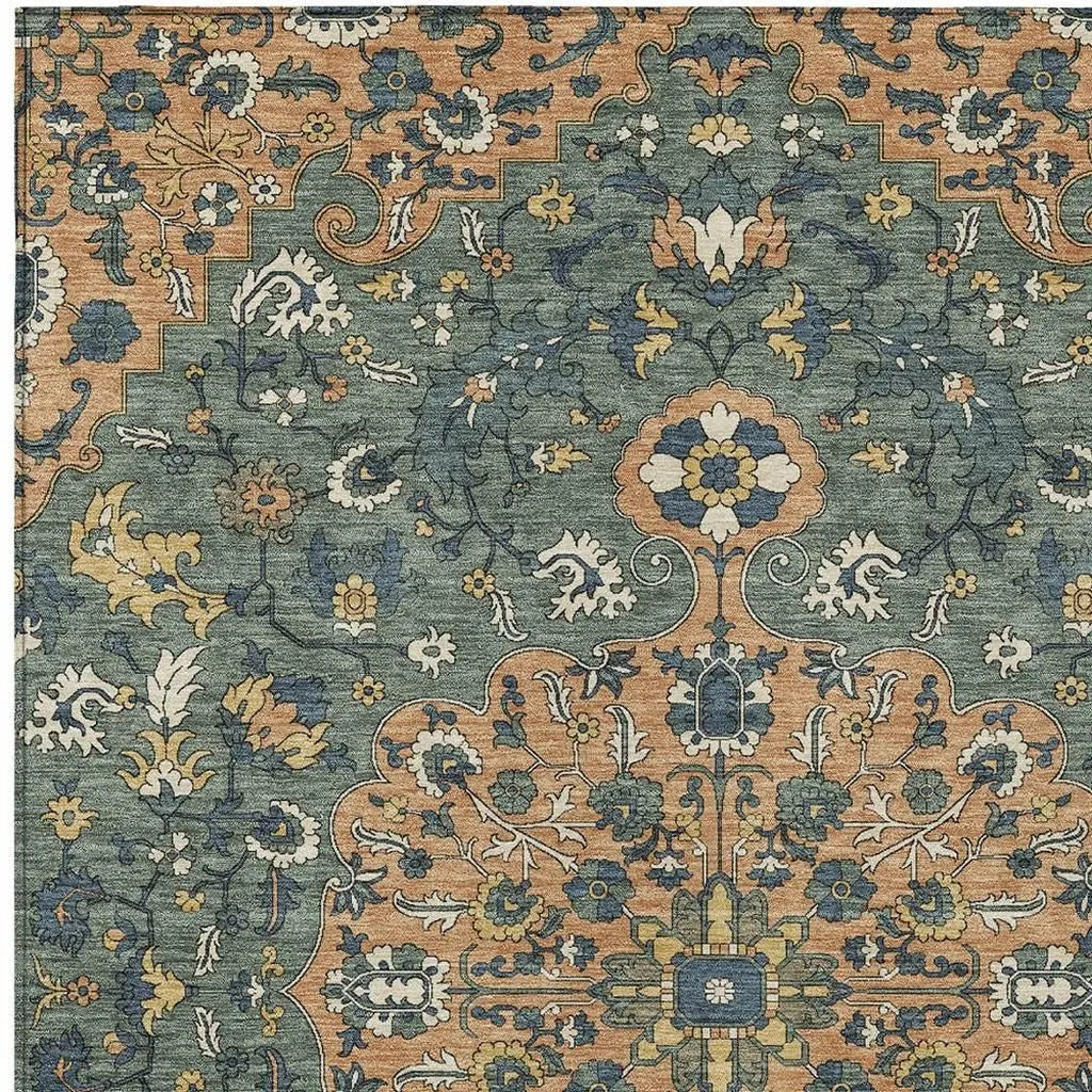 3' X 5' Copper And Sage Floral Medallion Washable Indoor Outdoor Area Rug Homeroots Outdoor