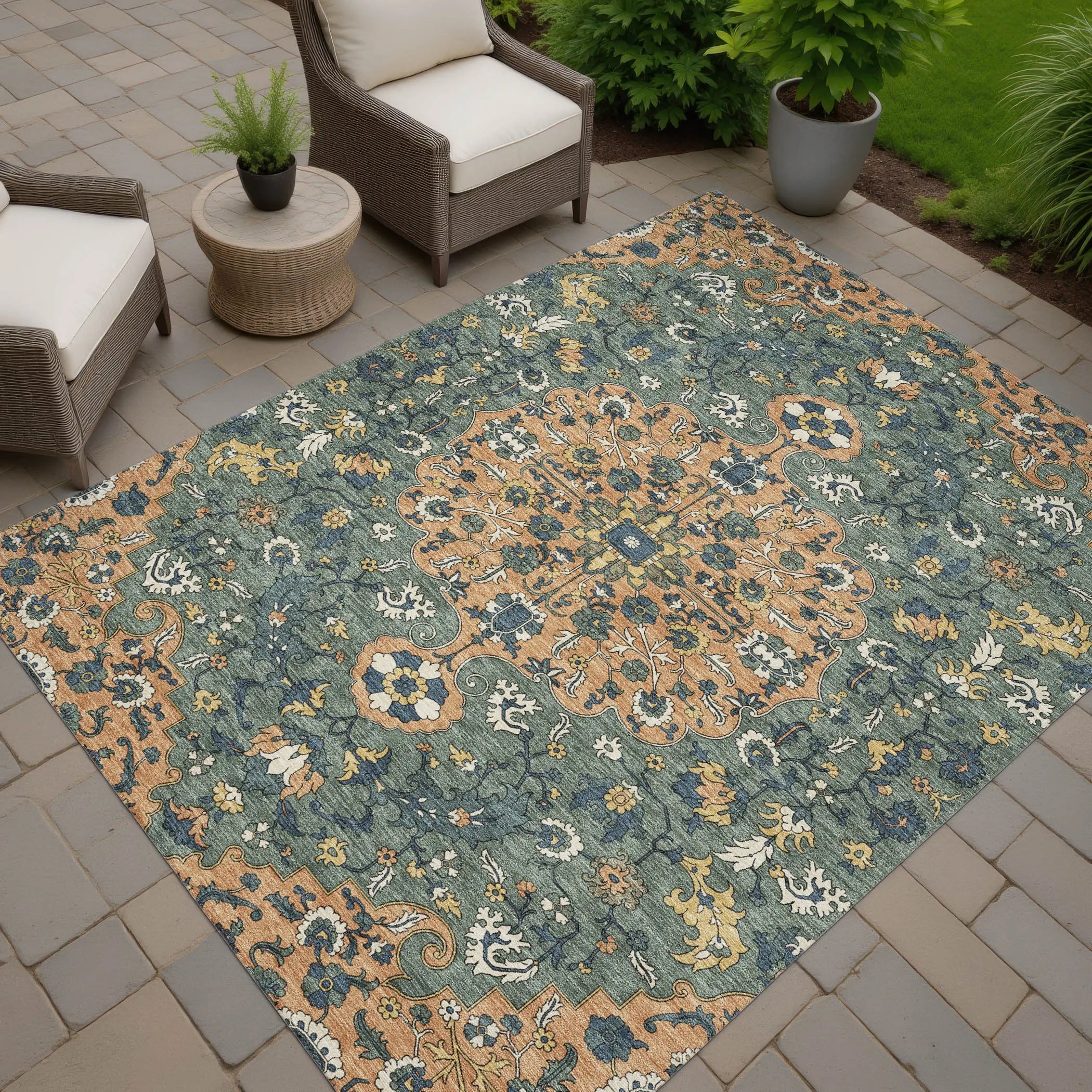 3' X 5' Copper And Sage Floral Medallion Washable Indoor Outdoor Area Rug Homeroots Outdoor