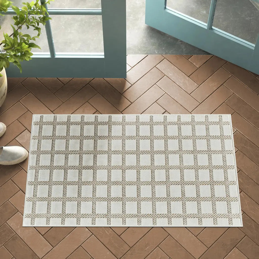 3' X 5' Cream and Beige Geometric Distressed Indoor Outdoor Area Rug Homeroots Outdoor
