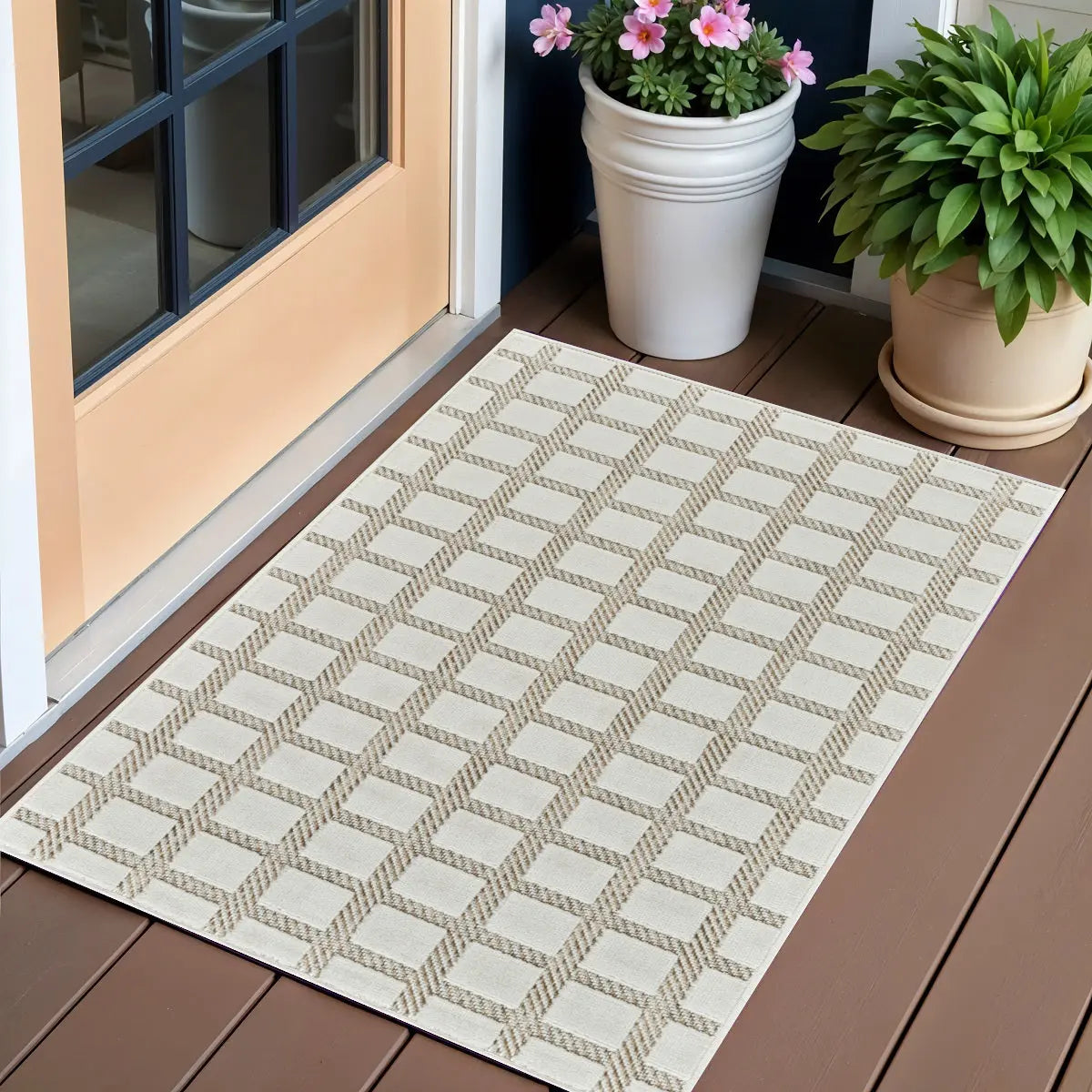 3' X 5' Cream and Beige Geometric Distressed Indoor Outdoor Area Rug Homeroots Outdoor