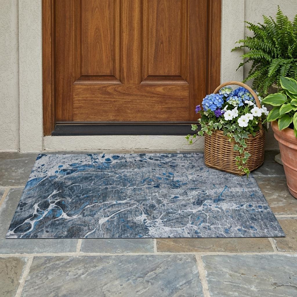 3' X 5' Denim Blue And Blue Abstract Washable Indoor Outdoor Area Rug Homeroots Outdoor