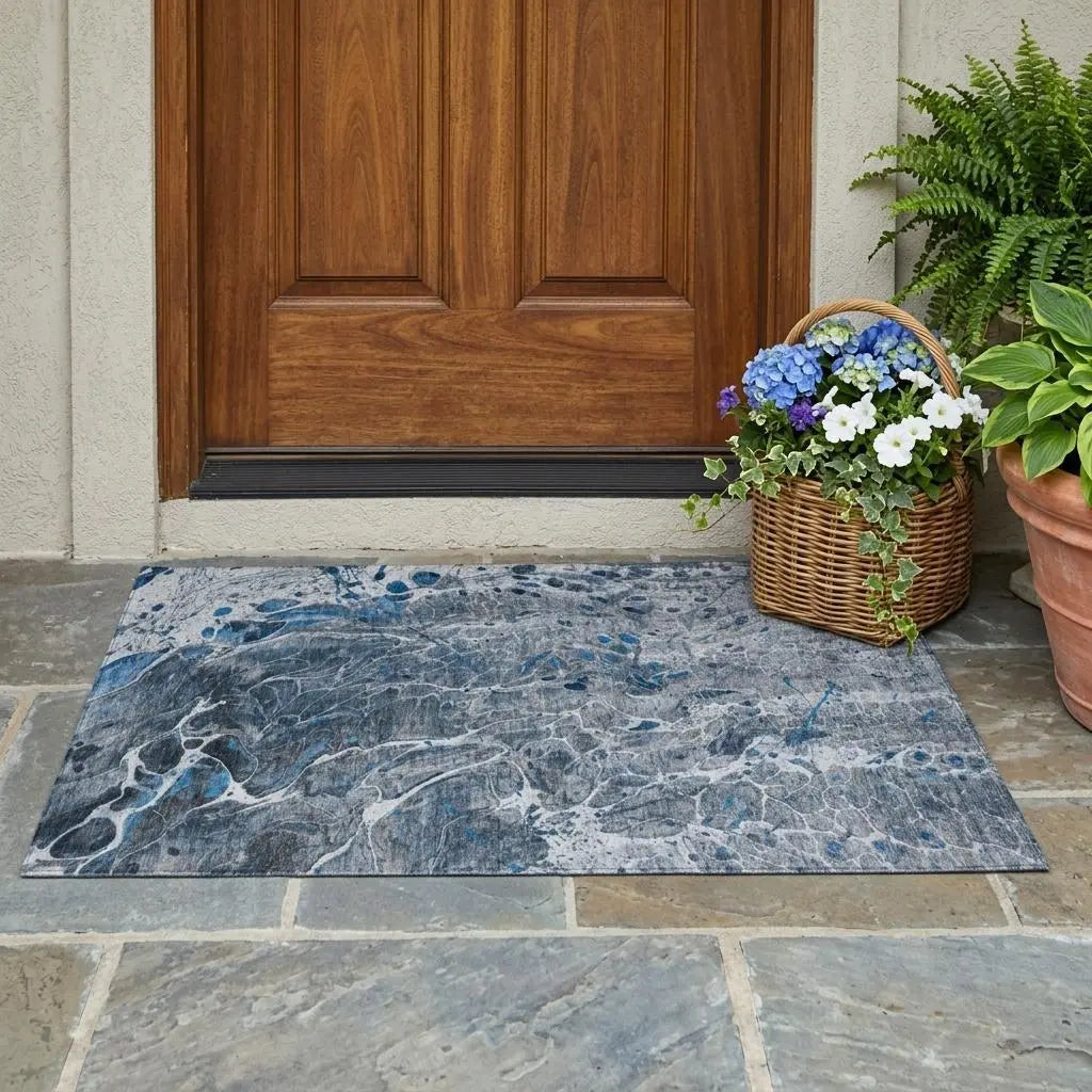 3' X 5' Denim Blue And Blue Abstract Washable Indoor Outdoor Area Rug Homeroots Outdoor