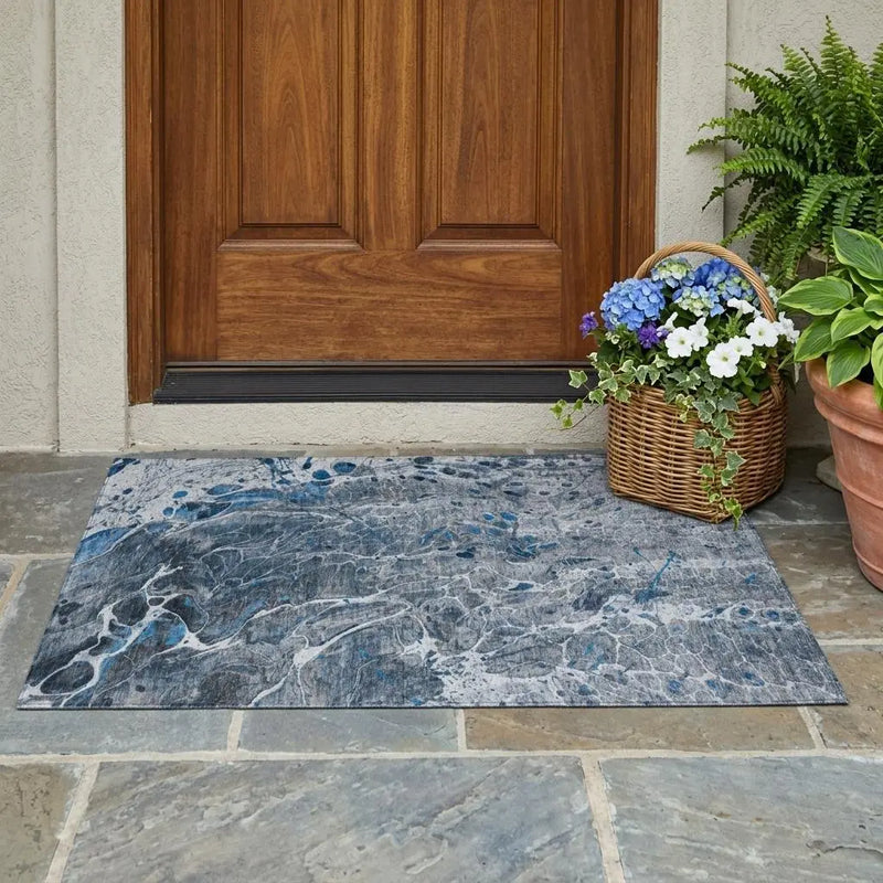 3' X 5' Denim Blue And Blue Abstract Washable Indoor Outdoor Area Rug Homeroots Outdoor