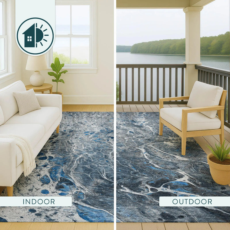 3' X 5' Denim Blue And Blue Abstract Washable Indoor Outdoor Area Rug Homeroots Outdoor