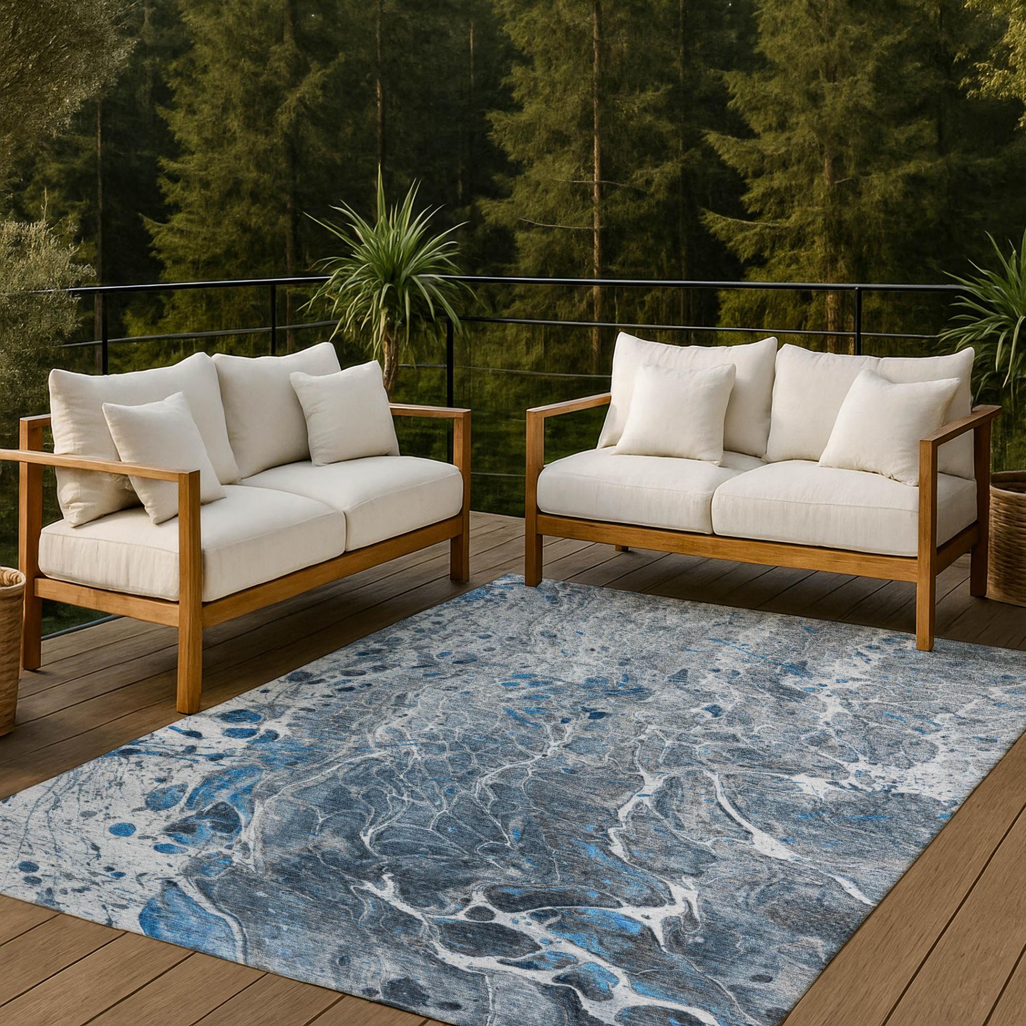 3' X 5' Denim Blue And Blue Abstract Washable Indoor Outdoor Area Rug Homeroots Outdoor