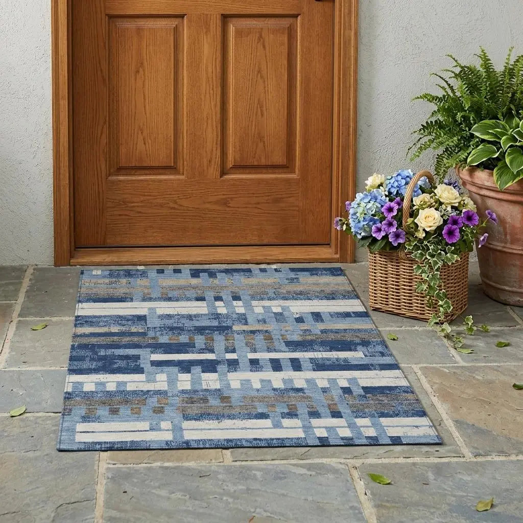 3' X 5' Denim Blue And Blue Striped Washable Indoor Outdoor Area Rug Homeroots Outdoor