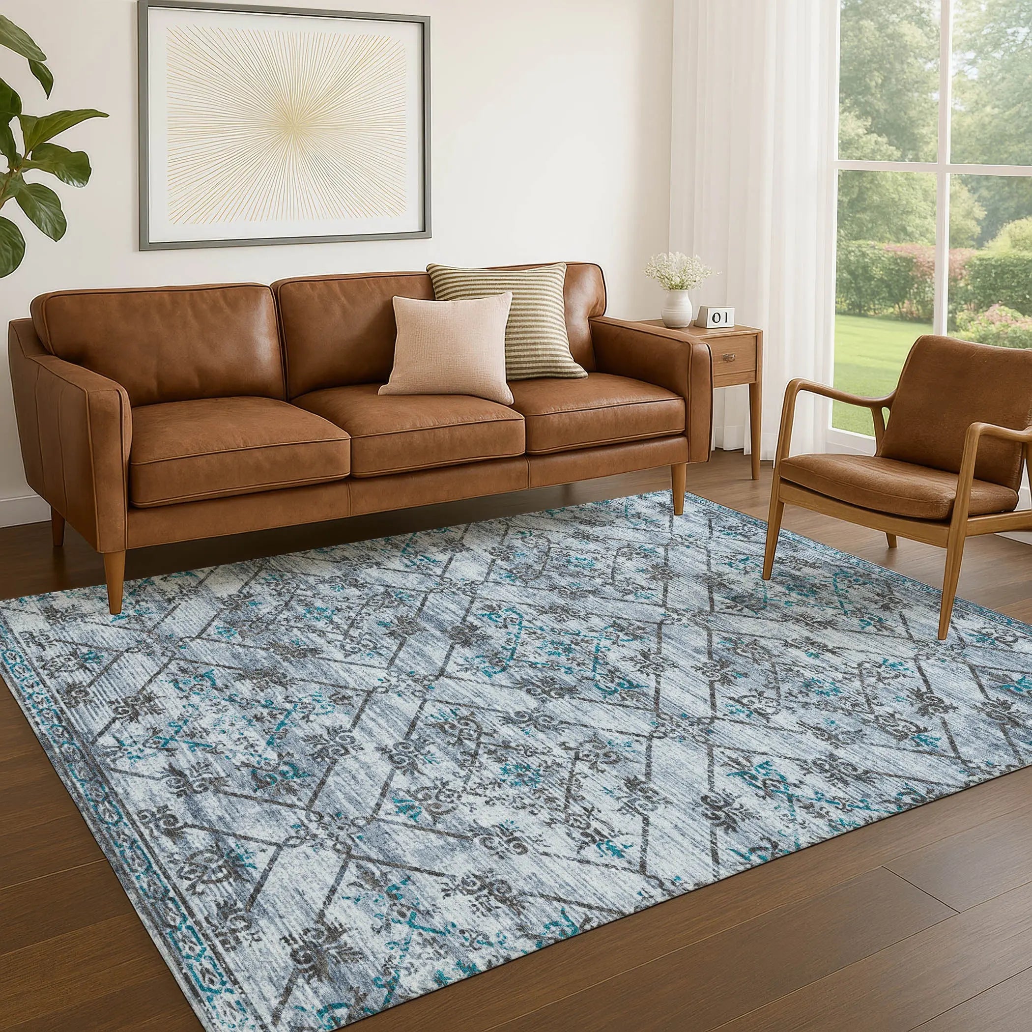 3' X 5' Denim Blue And Ivory Geometric Washable Indoor Outdoor Area Rug Homeroots Outdoor