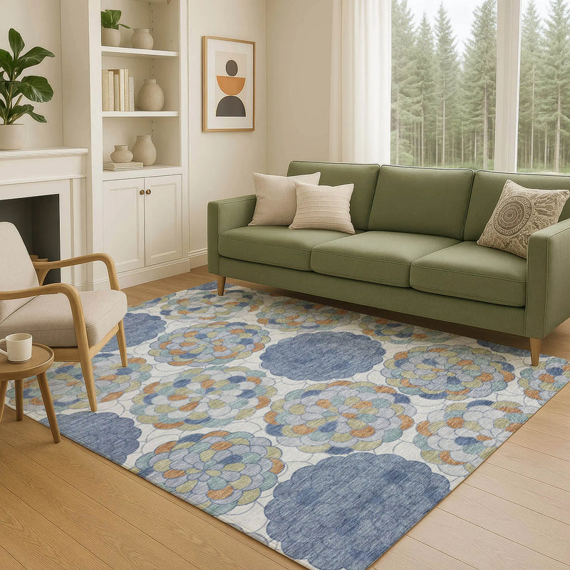 3' X 5' Denim Blue And Silver Floral Washable Indoor Outdoor Area Rug Homeroots Outdoor