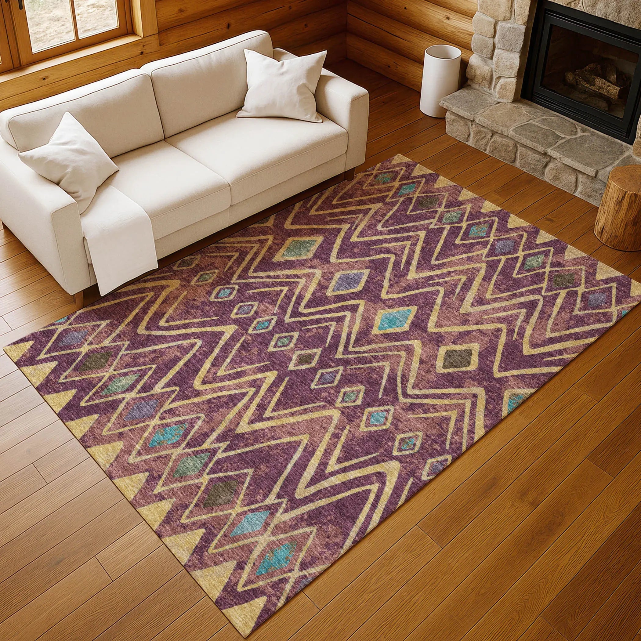 3' X 5' Eggplant And Blue Geometric Washable Indoor Outdoor Area Rug Homeroots Outdoor