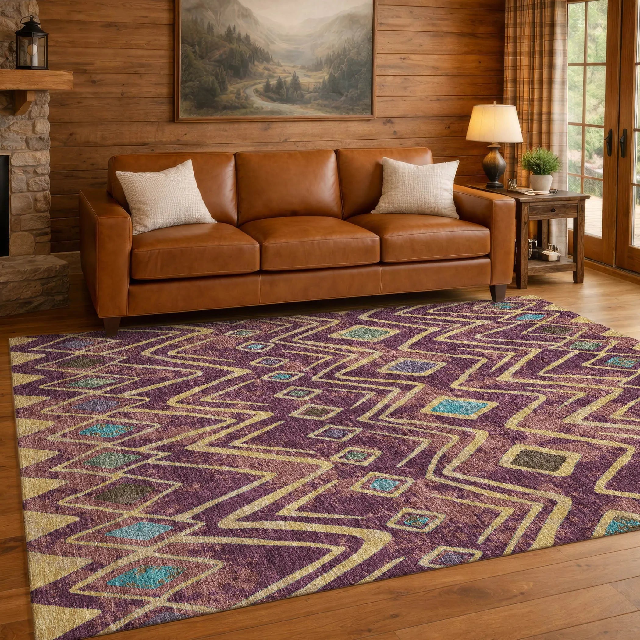 3' X 5' Eggplant And Blue Geometric Washable Indoor Outdoor Area Rug Homeroots Outdoor