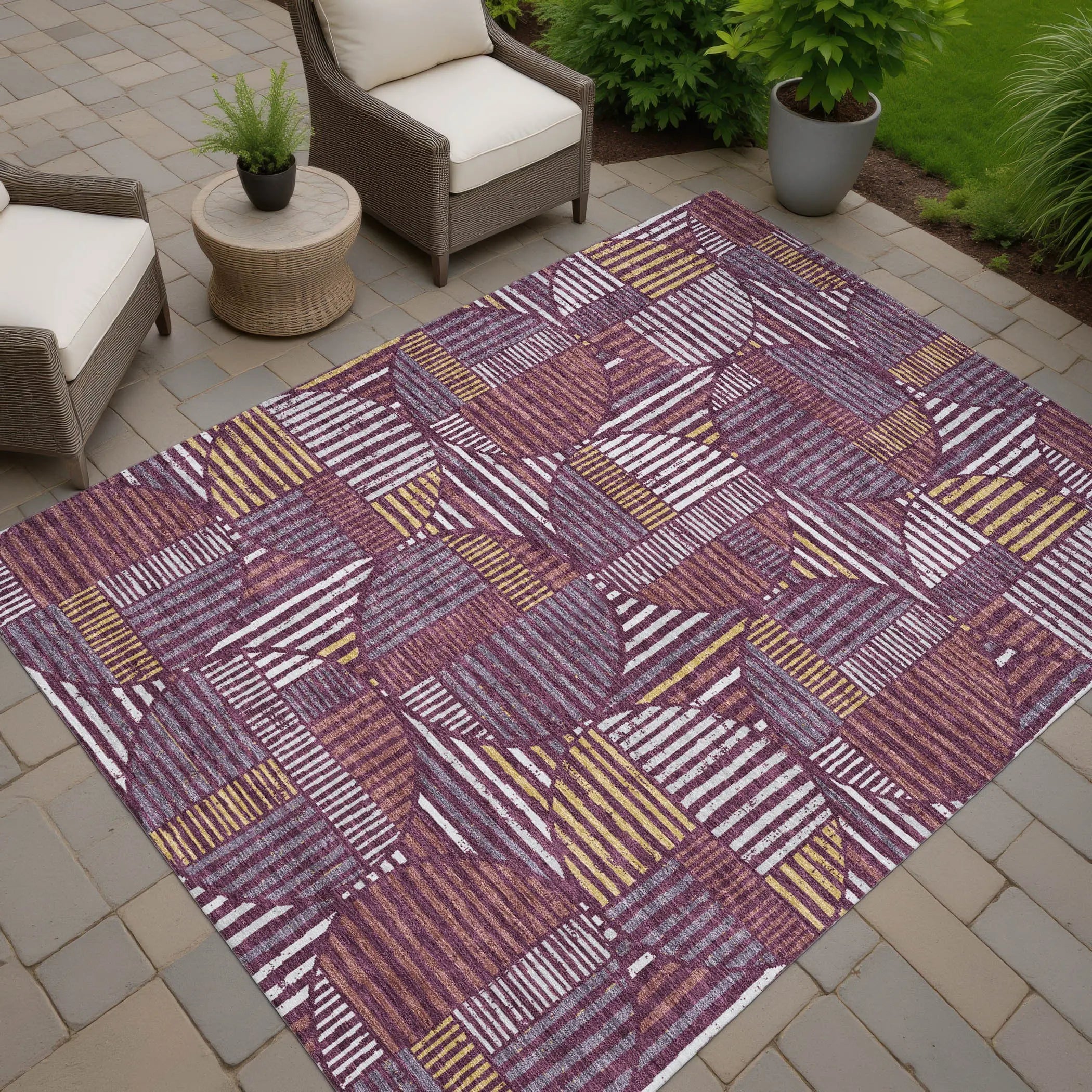3' X 5' Eggplant And Brown Geometric Washable Indoor Outdoor Area Rug Homeroots Outdoor
