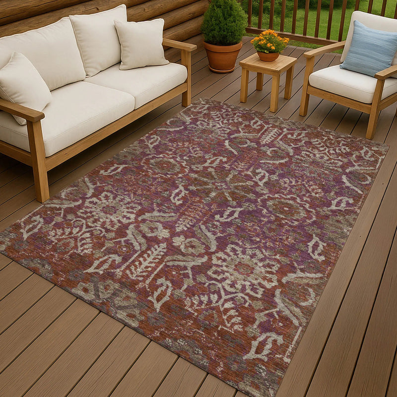 3' X 5' Eggplant And Purple Damask Washable Indoor Outdoor Area Rug Homeroots Outdoor