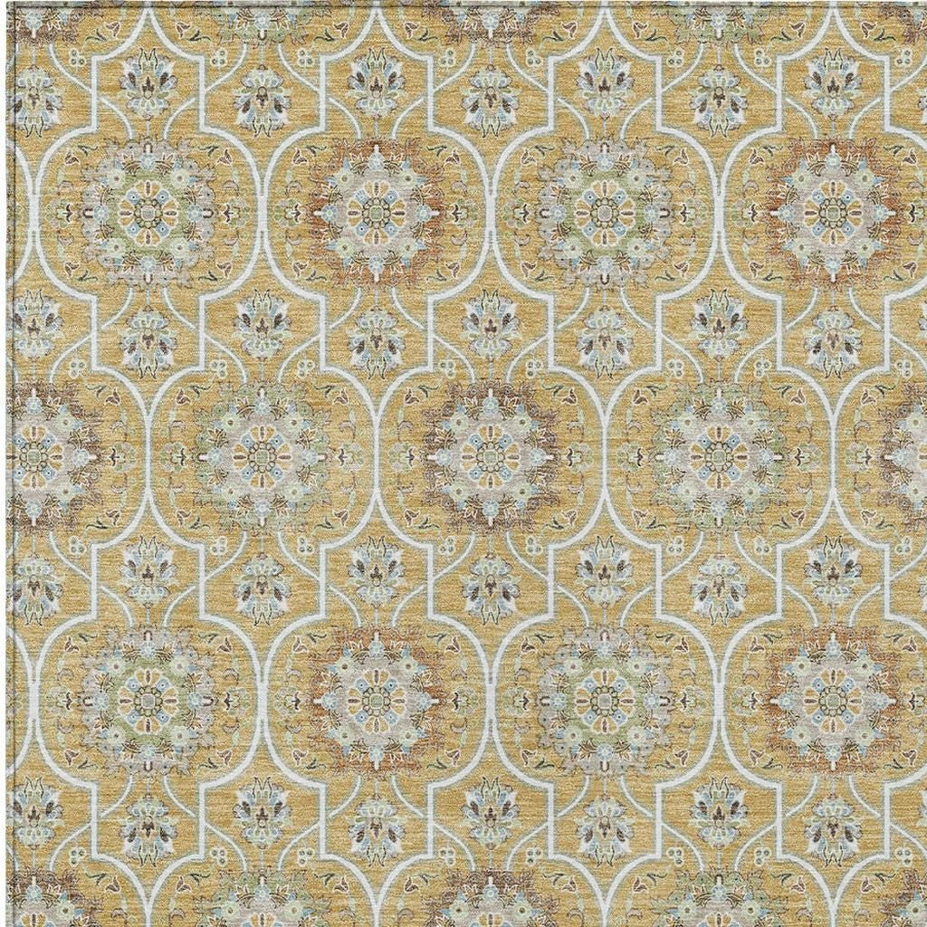 3' X 5' Gold And Beige Floral Medallion Washable Indoor Outdoor Area Rug Homeroots Outdoor