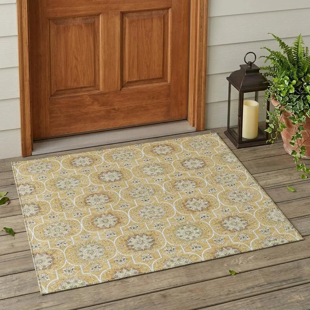 3' X 5' Gold And Beige Floral Medallion Washable Indoor Outdoor Area Rug Homeroots Outdoor