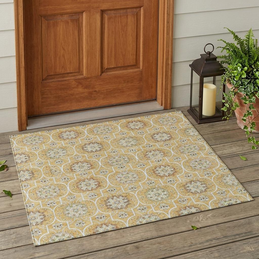 3' X 5' Gold And Beige Floral Medallion Washable Indoor Outdoor Area Rug Homeroots Outdoor
