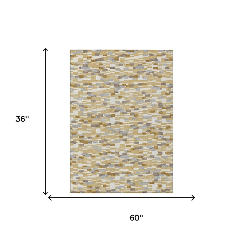 3' X 5' Gold And Beige Geometric Washable Indoor Outdoor Area Rug Homeroots Outdoor