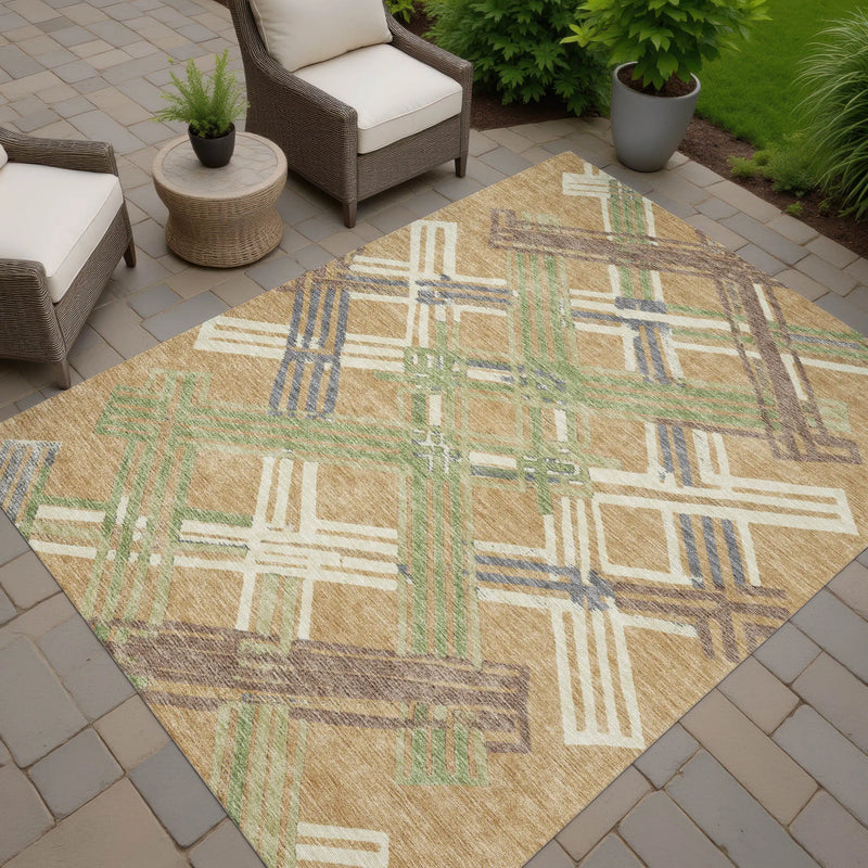 3' X 5' Gold And Brown Geometric Washable Indoor Outdoor Area Rug Homeroots Outdoor