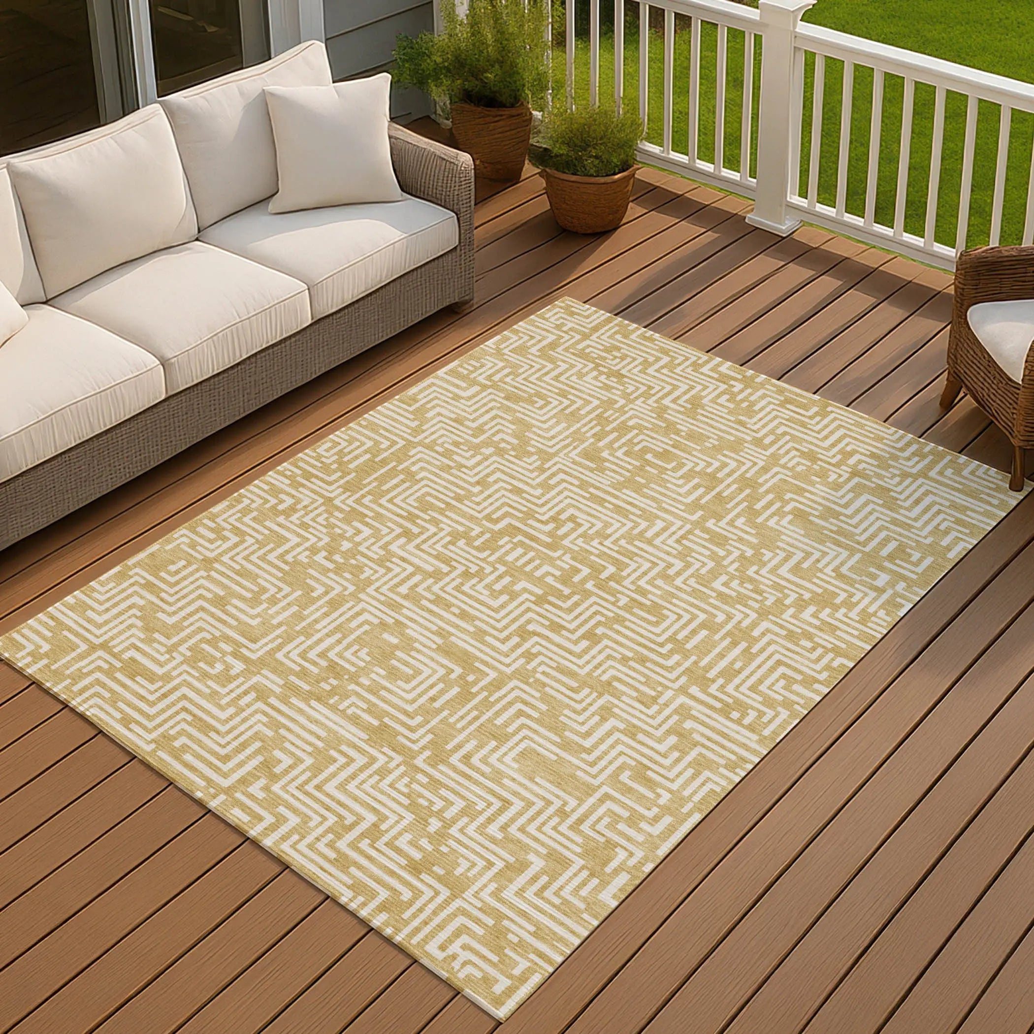 3' X 5' Gold And Brown Geometric Washable Indoor Outdoor Area Rug Homeroots Outdoor