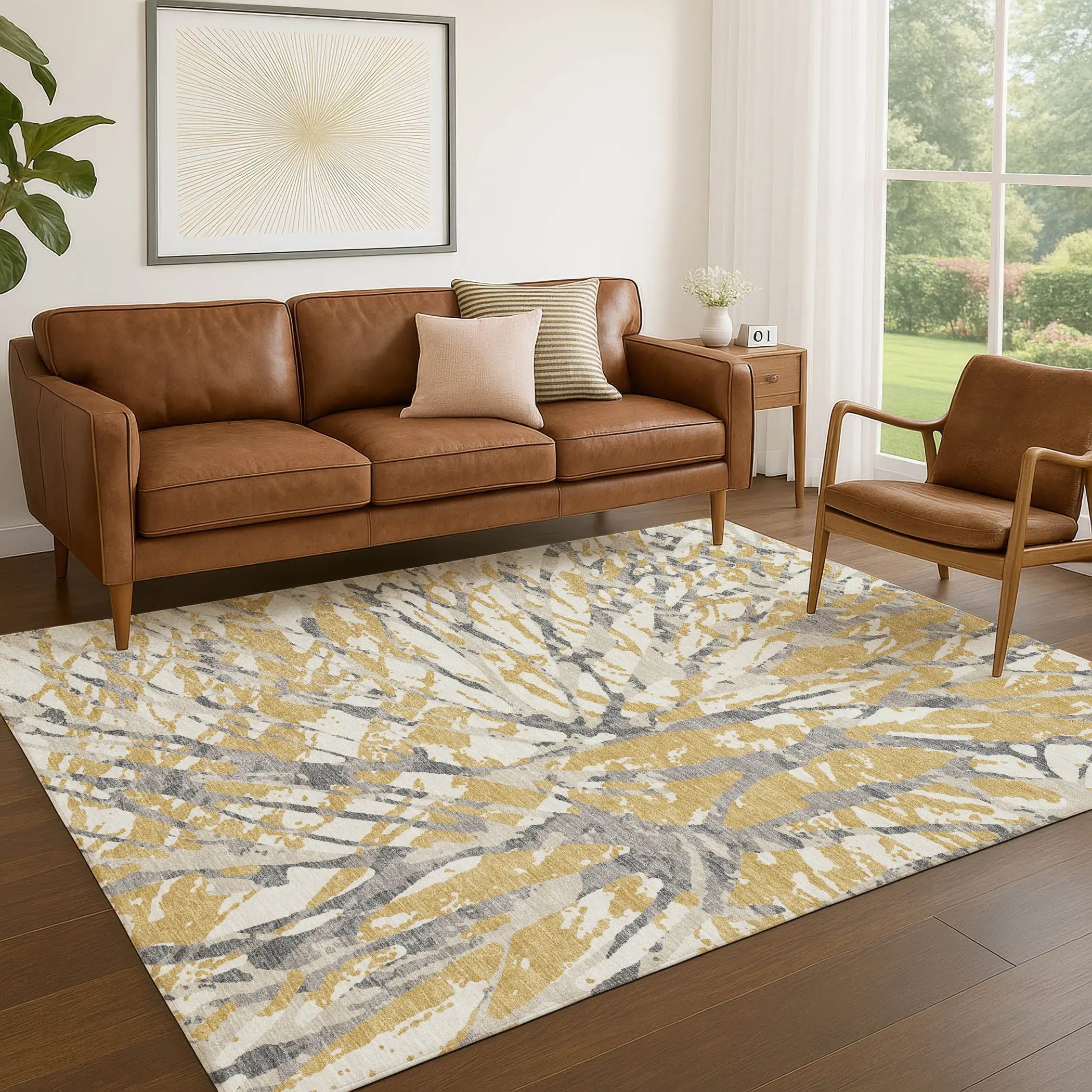 3' X 5' Gold And Ivory Abstract Washable Indoor Outdoor Area Rug Homeroots Outdoor