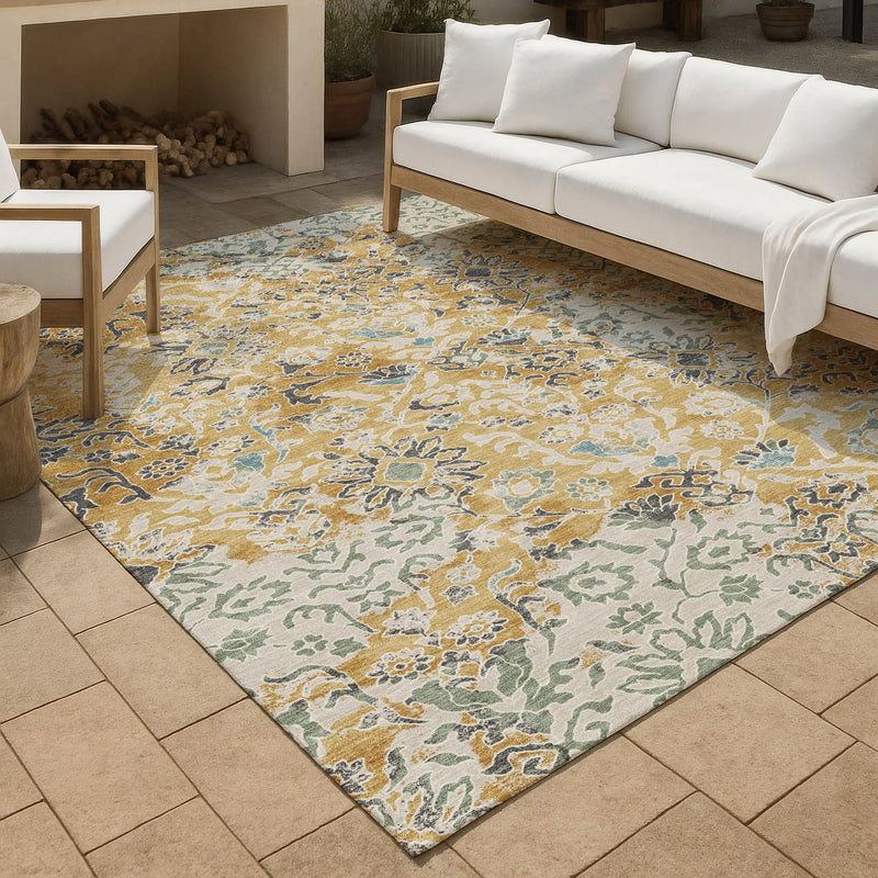 3' X 5' Gold And Ivory Geometric Washable Indoor Outdoor Area Rug Homeroots Outdoor