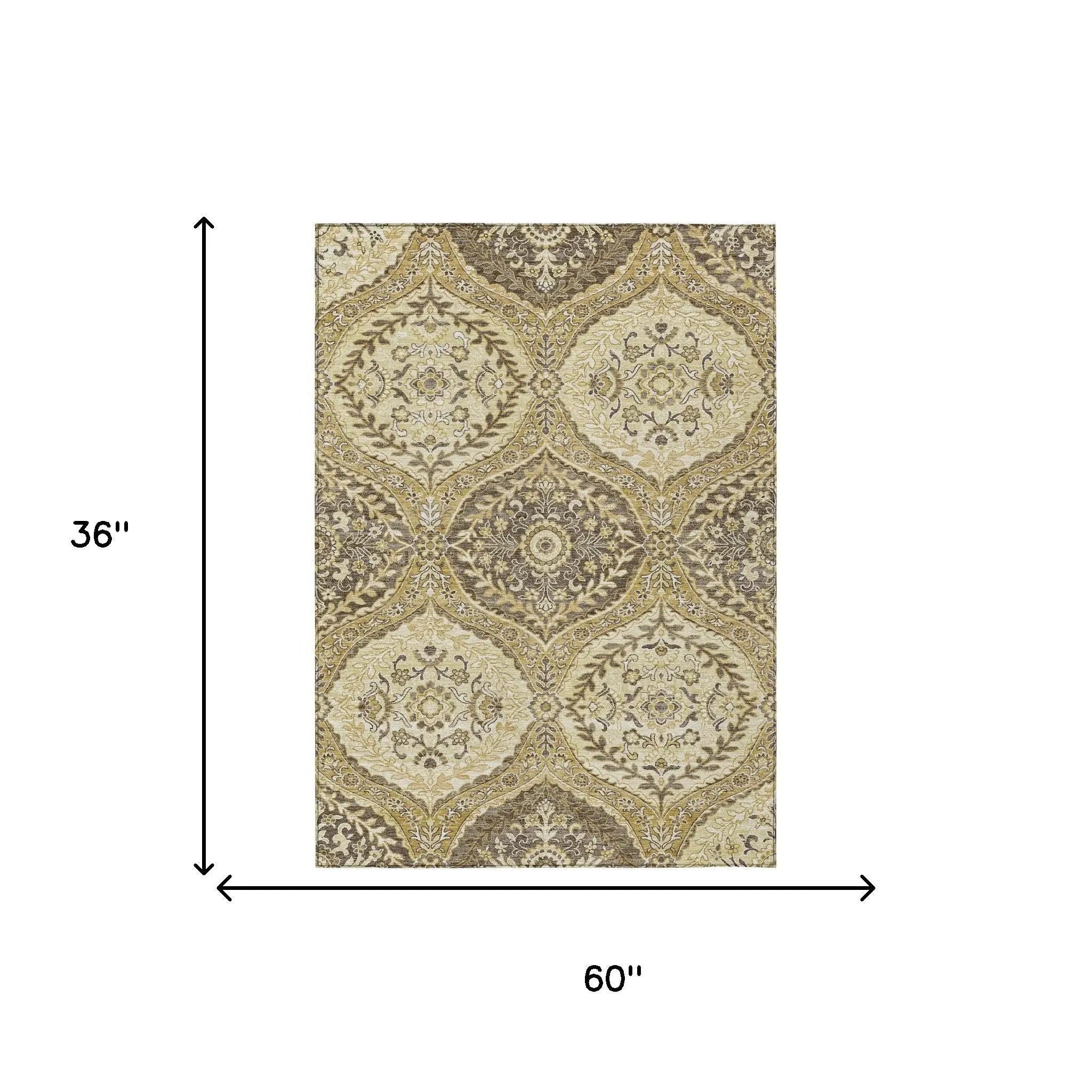 3' X 5' Gold And Khaki Ogee Washable Indoor Outdoor Area Rug Homeroots Outdoor