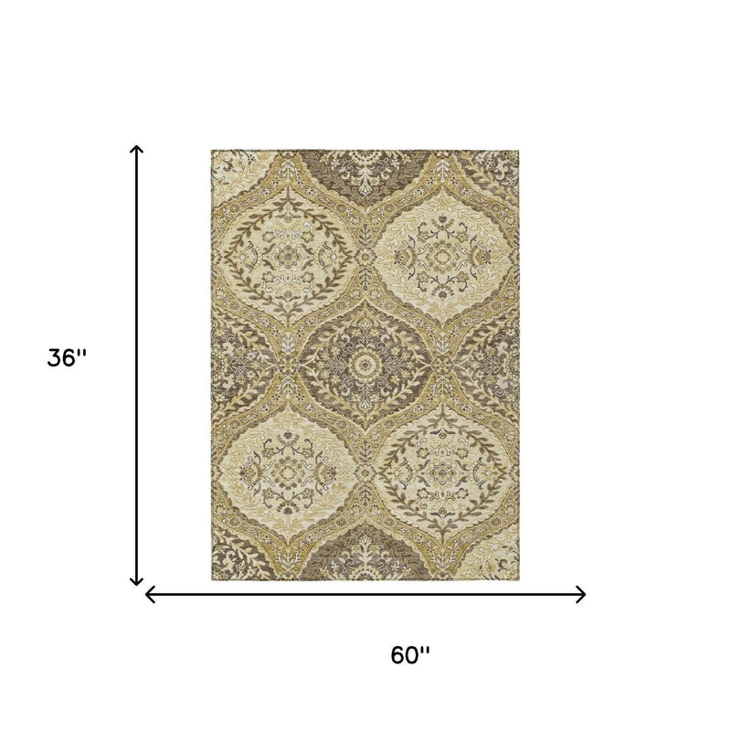 3' X 5' Gold And Khaki Ogee Washable Indoor Outdoor Area Rug Homeroots Outdoor