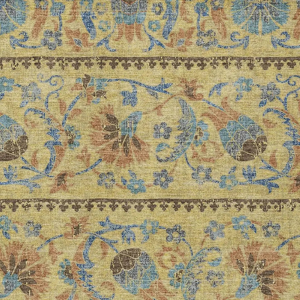 3' X 5' Gold And Teal Blue Floral Washable Indoor Outdoor Area Rug Homeroots Outdoor