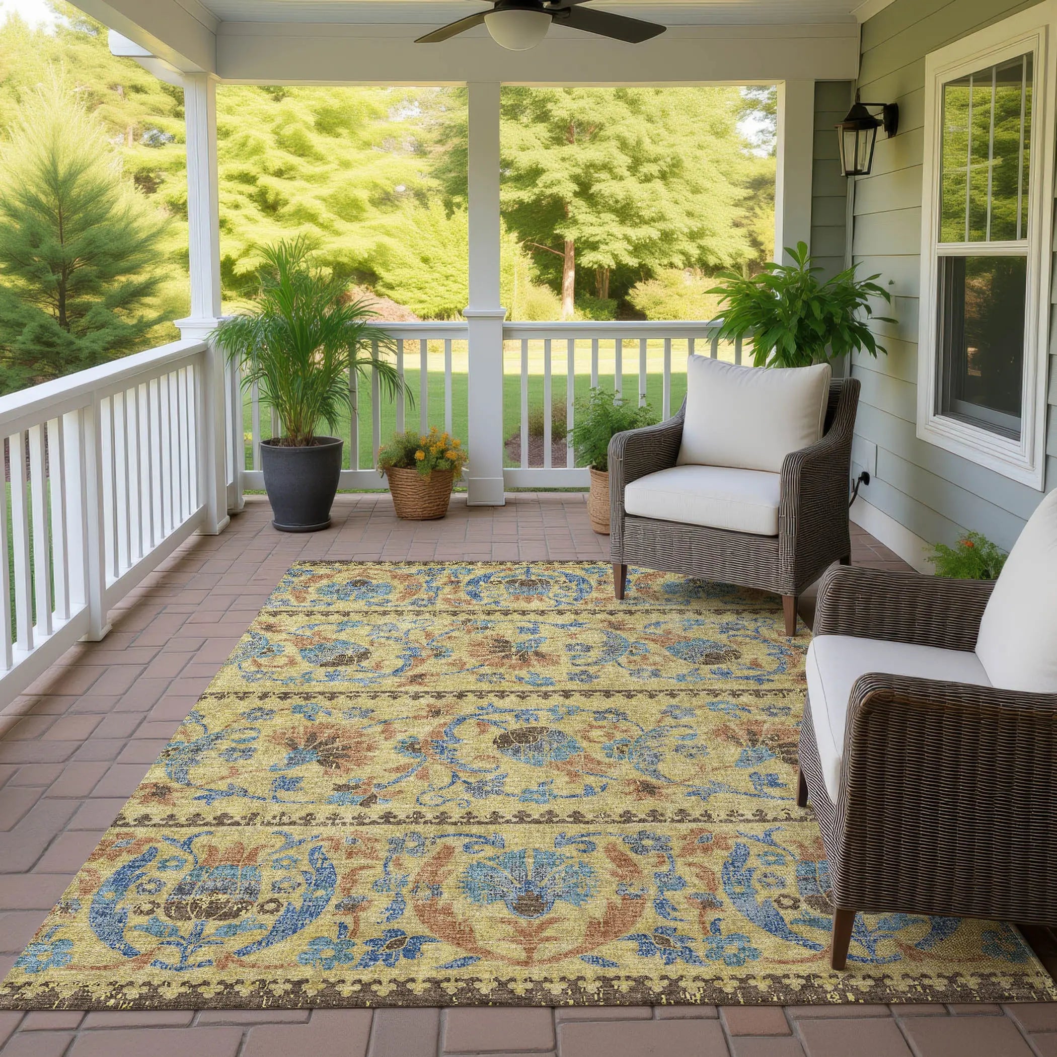 3' X 5' Gold And Teal Blue Floral Washable Indoor Outdoor Area Rug Homeroots Outdoor