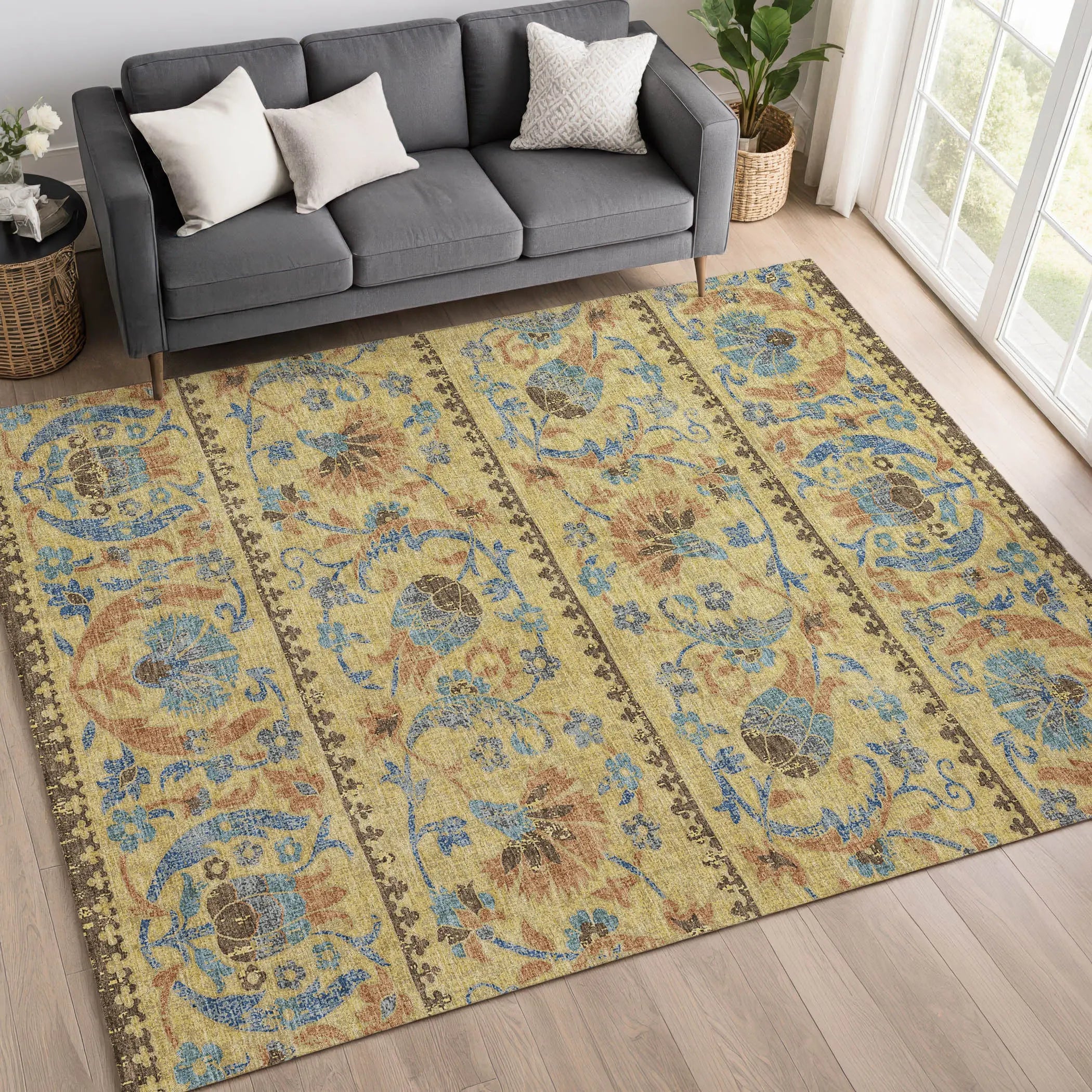 3' X 5' Gold And Teal Blue Floral Washable Indoor Outdoor Area Rug Homeroots Outdoor