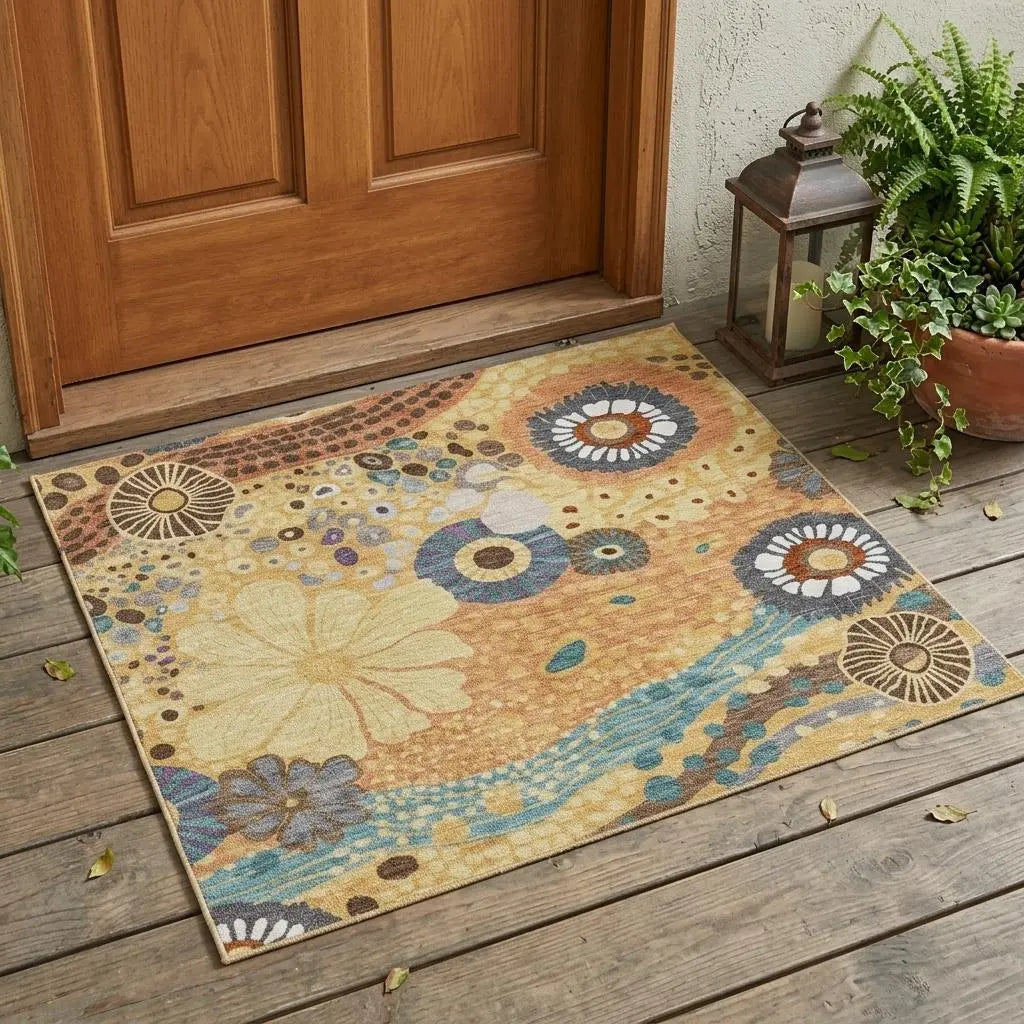 3' X 5' Gold And Wheat Floral Washable Indoor Outdoor Area Rug Homeroots Outdoor