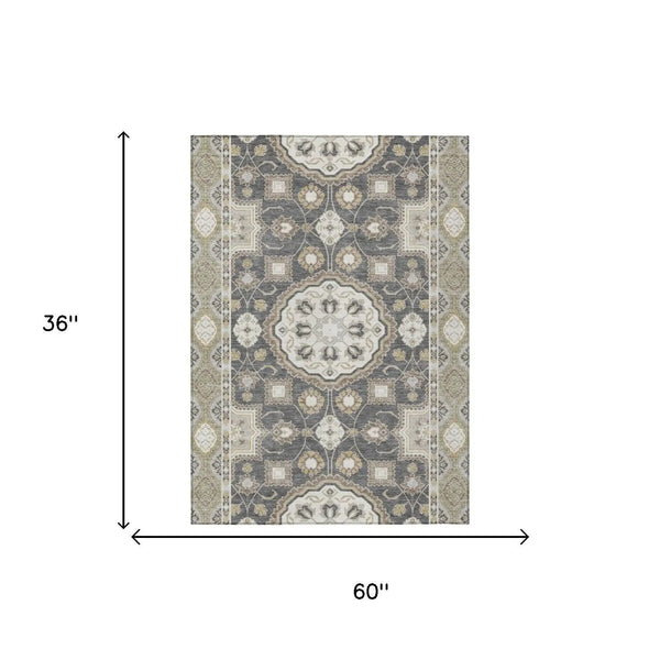 3' X 5' Graphite And Gray Floral Medallion Washable Indoor Outdoor Area Rug Homeroots Outdoor